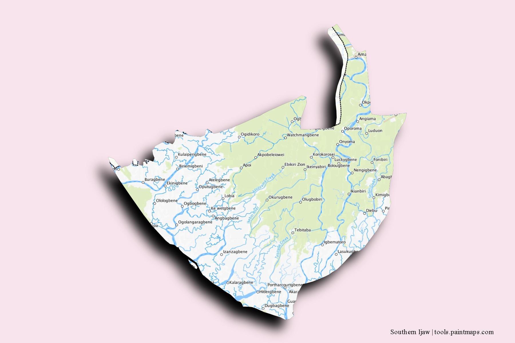 Southern Ijaw neighborhoods and villages map with 3D shadow effect