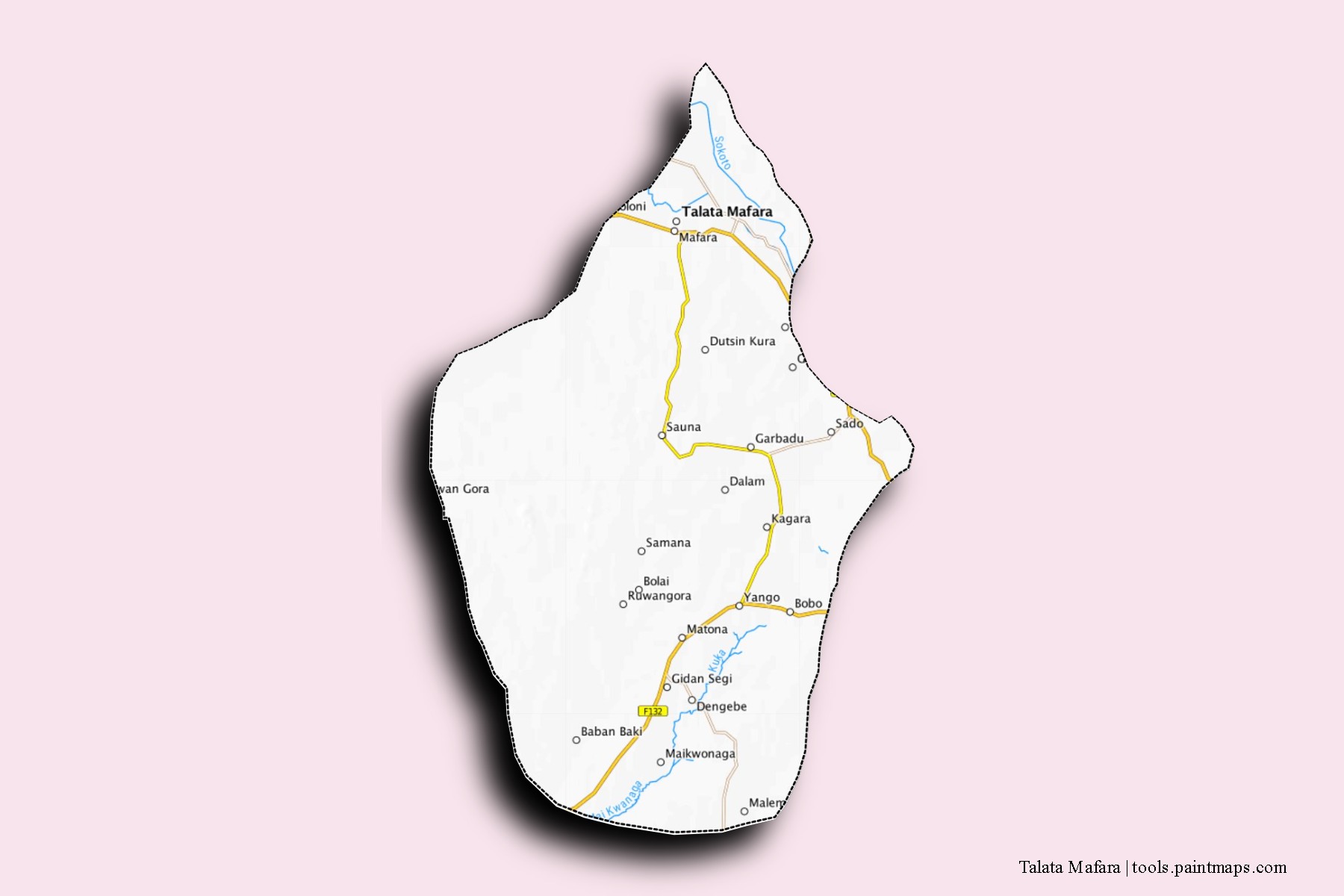 Mapa de barrios y pueblos de Talata Mafara con efecto de sombra 3D