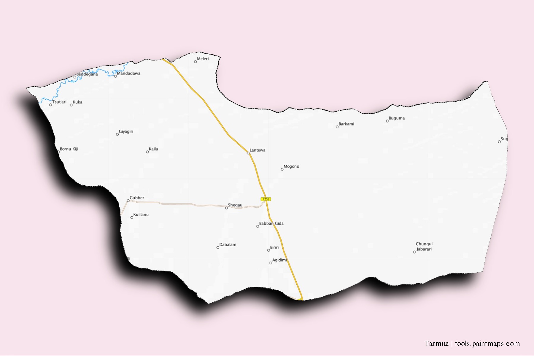 Tarmua neighborhoods and villages map with 3D shadow effect