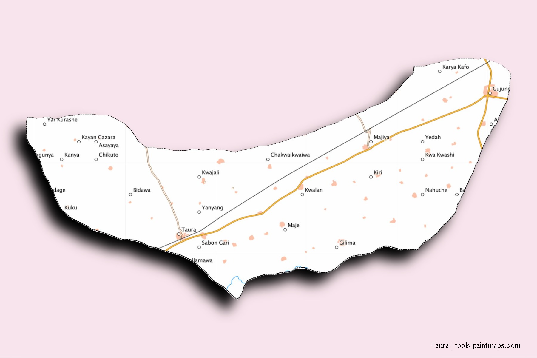 Mapa de barrios y pueblos de Taura con efecto de sombra 3D