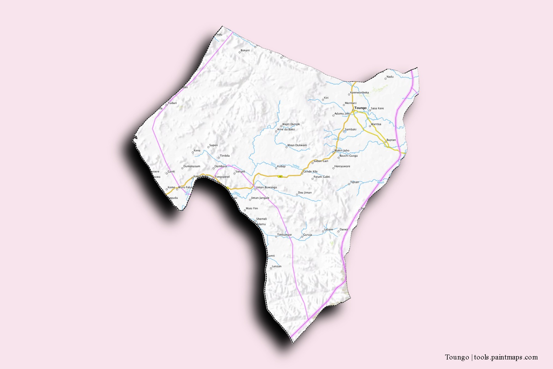 Mapa de barrios y pueblos de Toungo con efecto de sombra 3D