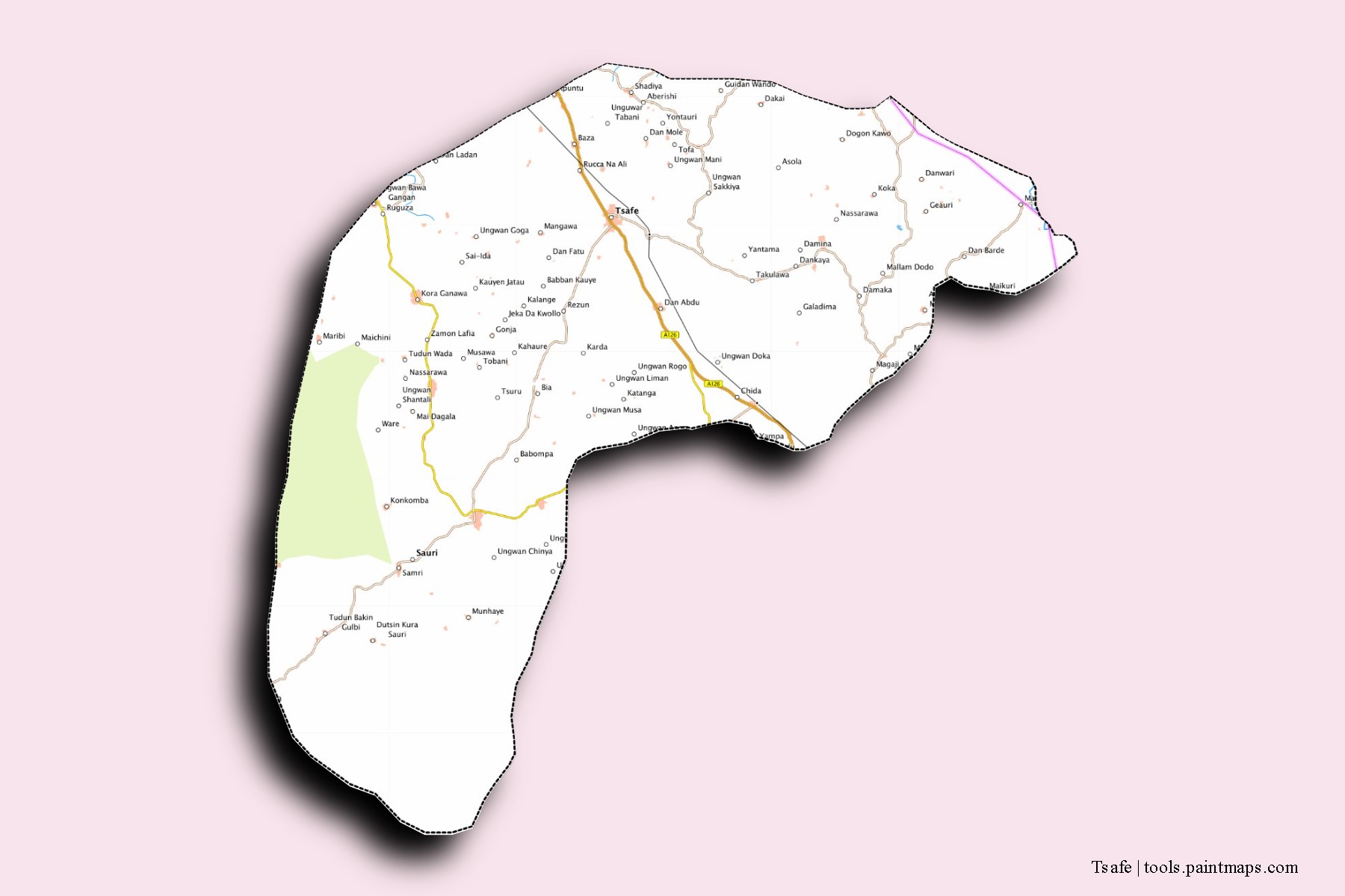 Mapa de barrios y pueblos de Tsafe con efecto de sombra 3D