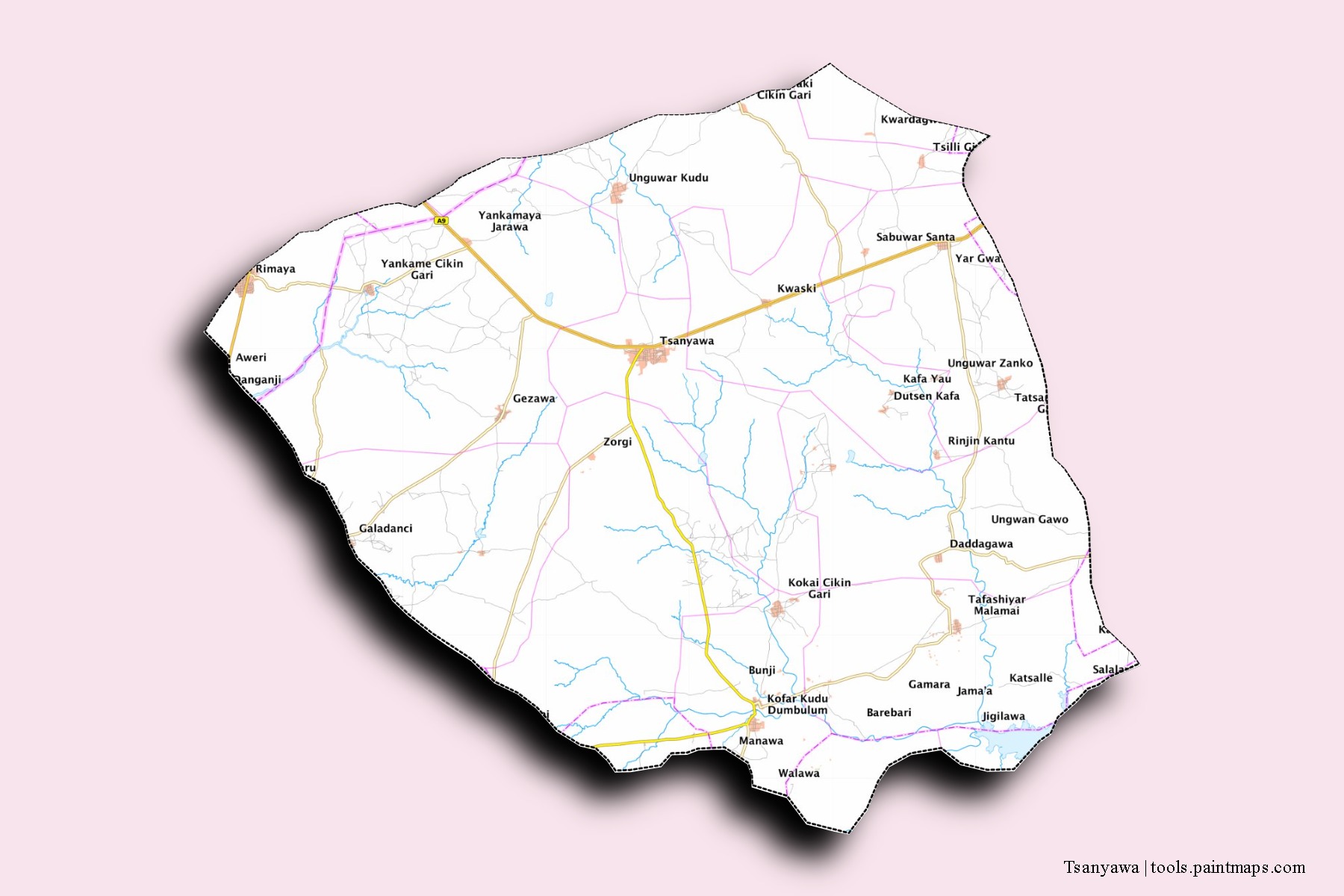 Tsanyawa neighborhoods and villages map with 3D shadow effect