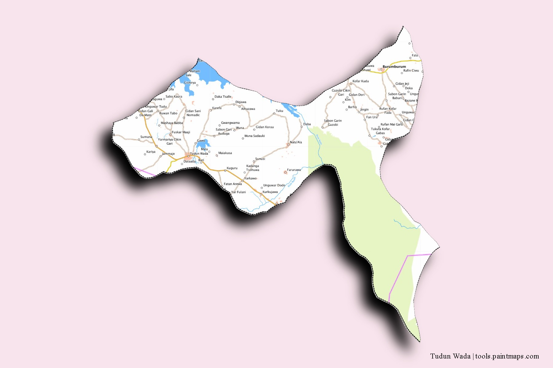 Mapa de barrios y pueblos de Tudun Wada con efecto de sombra 3D