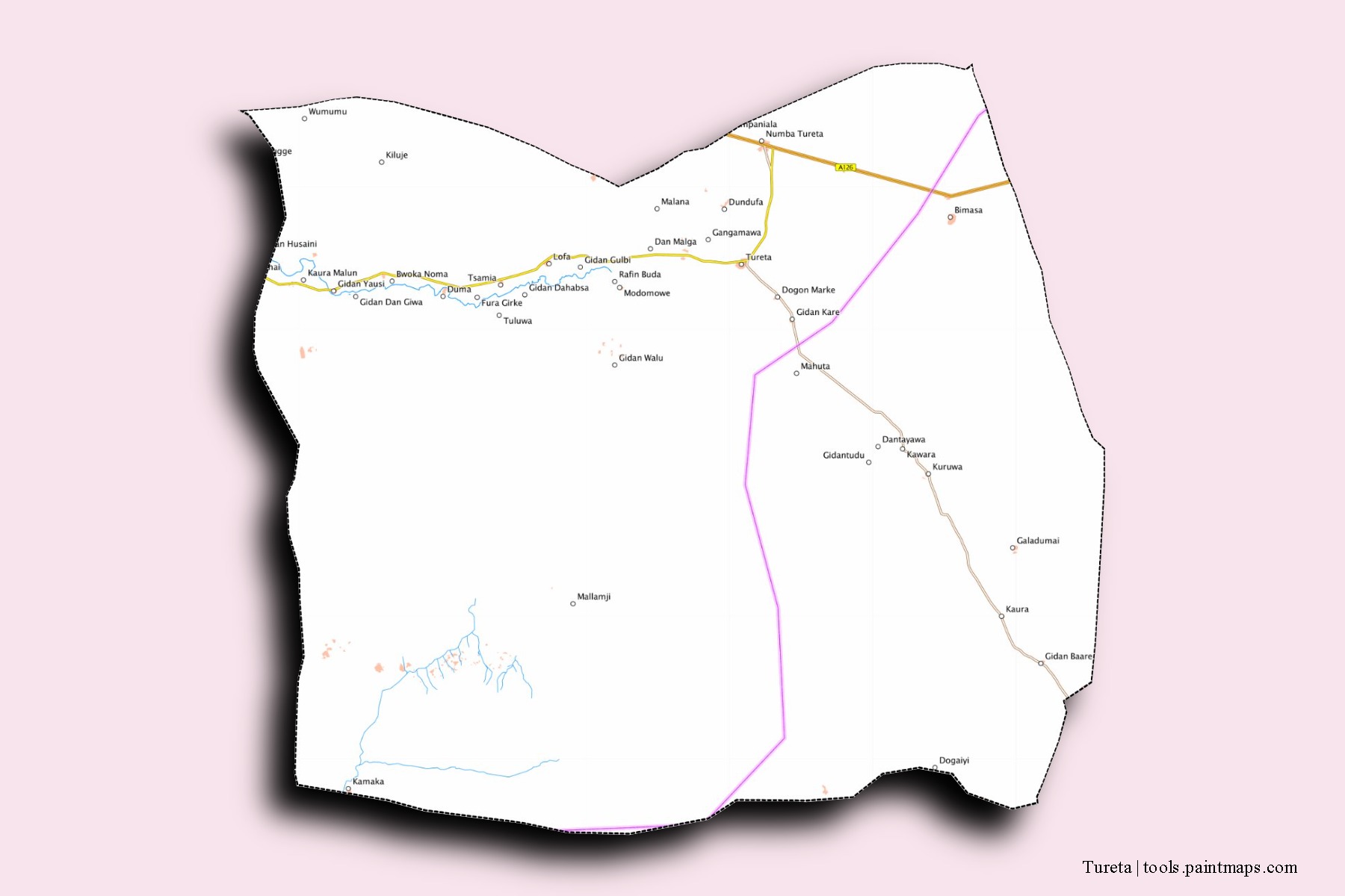 Tureta neighborhoods and villages map with 3D shadow effect