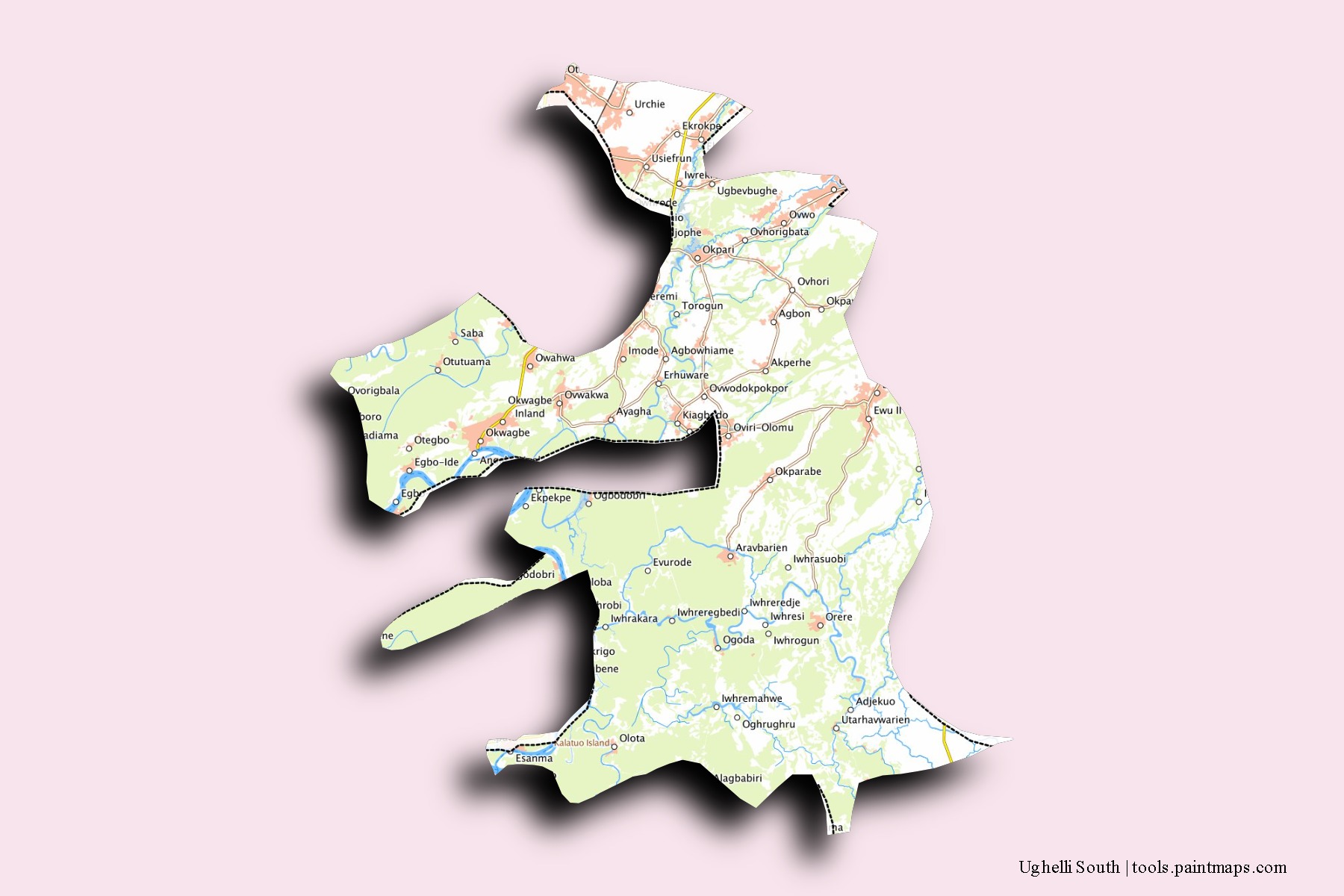 Mapa de barrios y pueblos de Ughelli South con efecto de sombra 3D