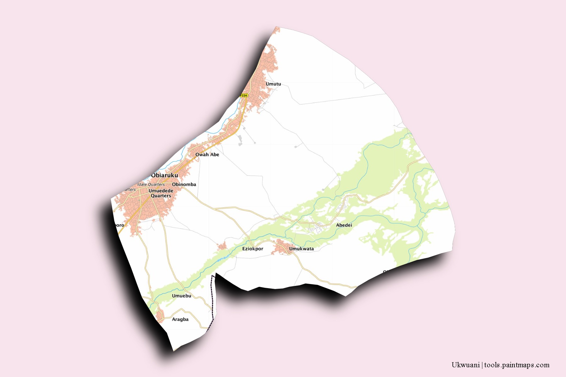 Ukwuani neighborhoods and villages map with 3D shadow effect