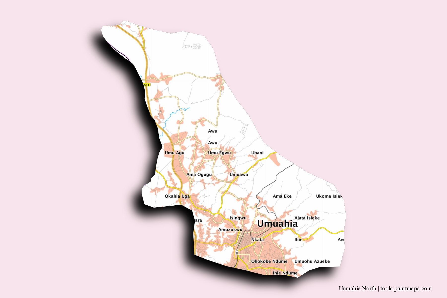 3D gölge efektli Umuahia North mahalleleri ve köyleri haritası