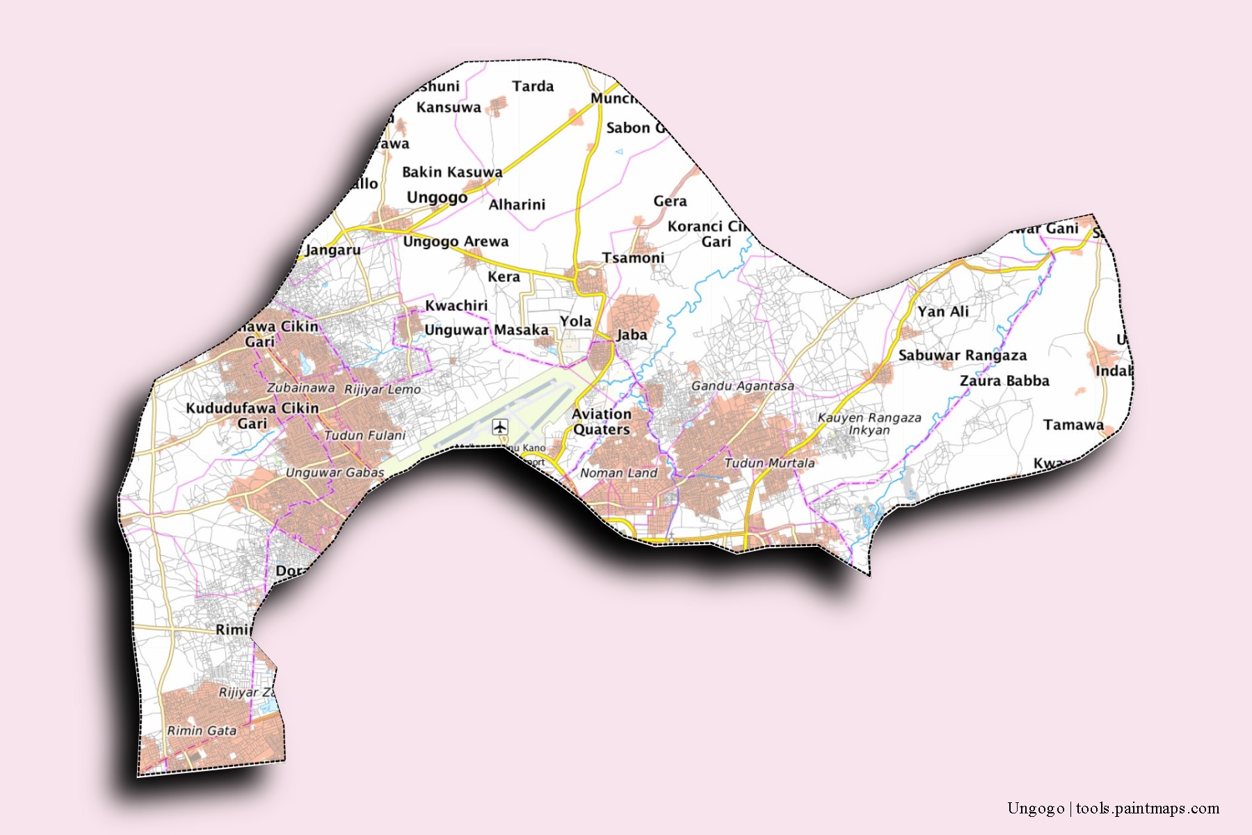 Mapa de barrios y pueblos de Ungogo con efecto de sombra 3D