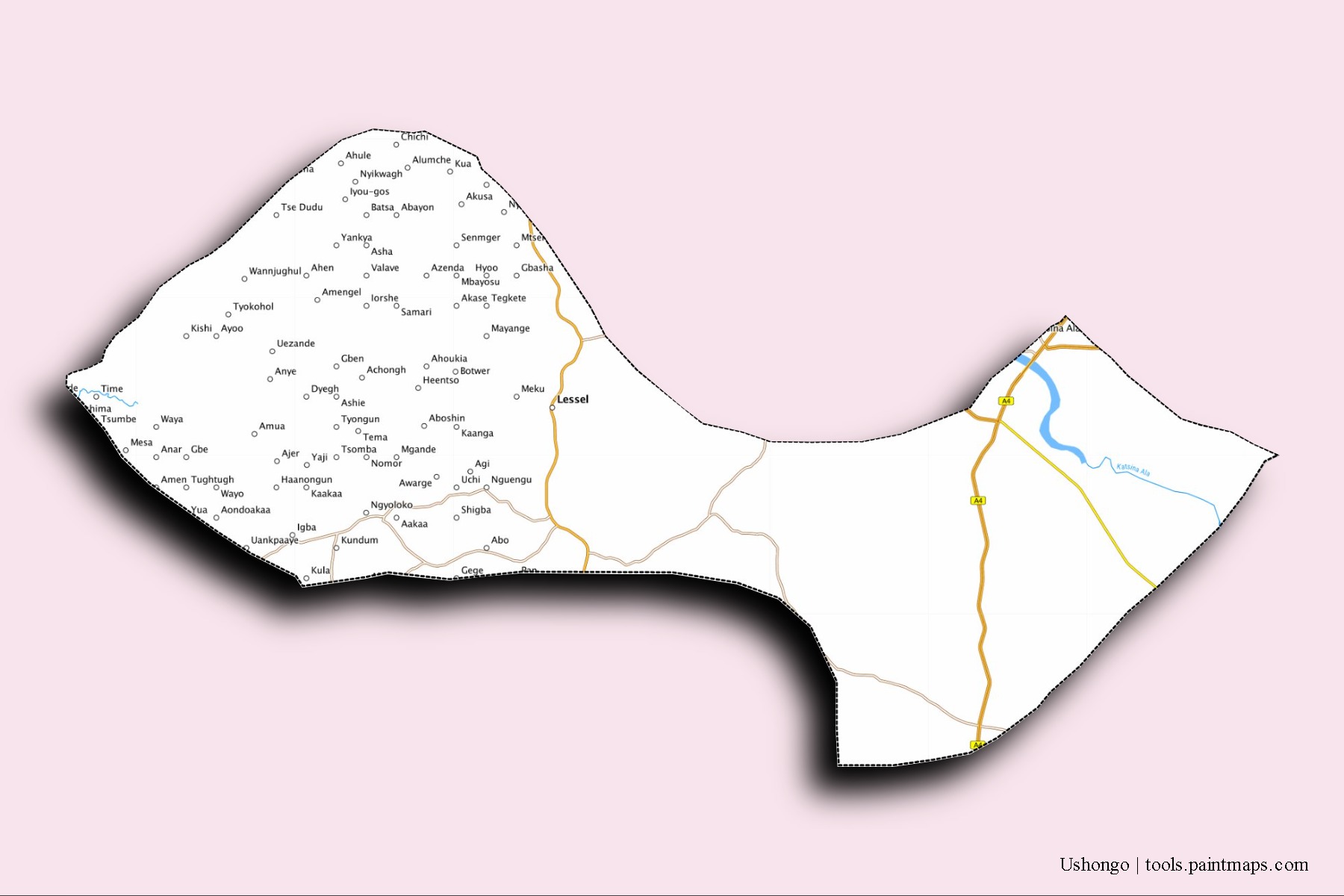 Mapa de barrios y pueblos de Ushongo con efecto de sombra 3D