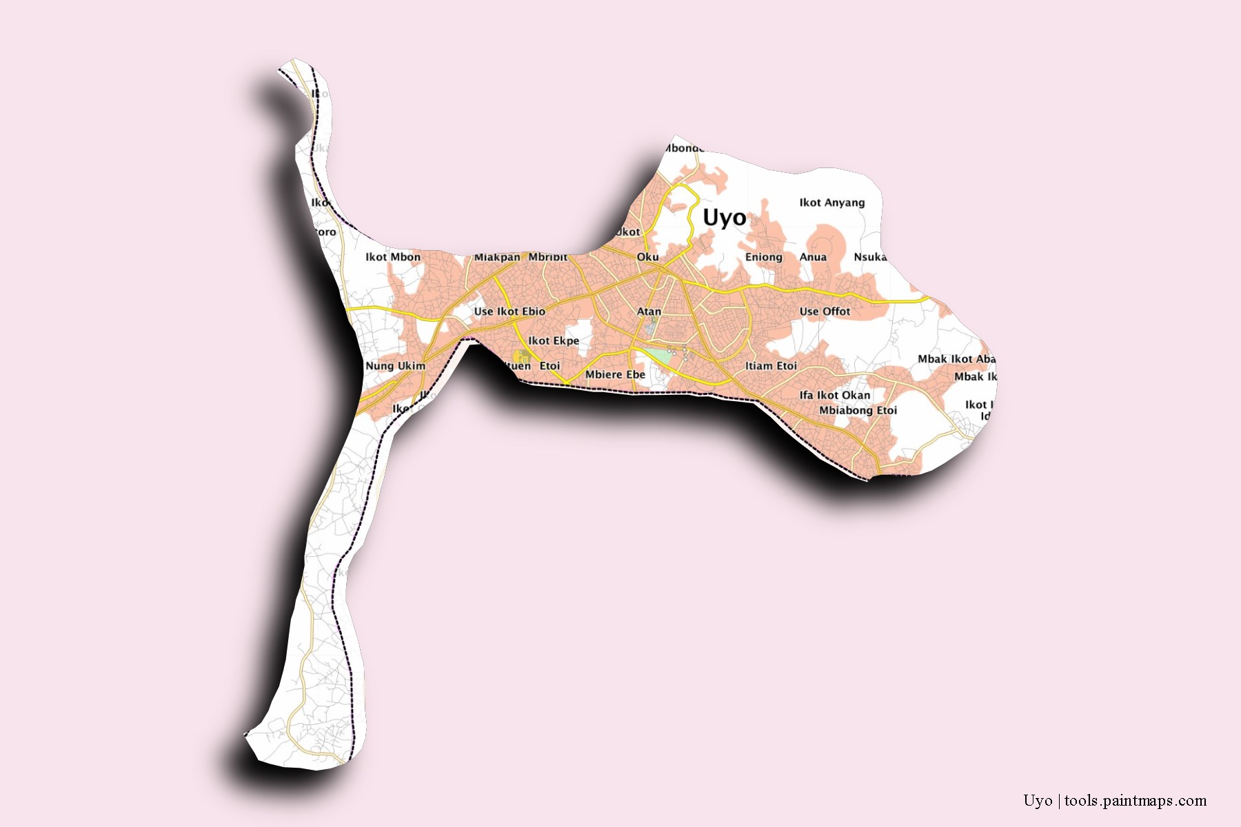 Uyo neighborhoods and villages map with 3D shadow effect