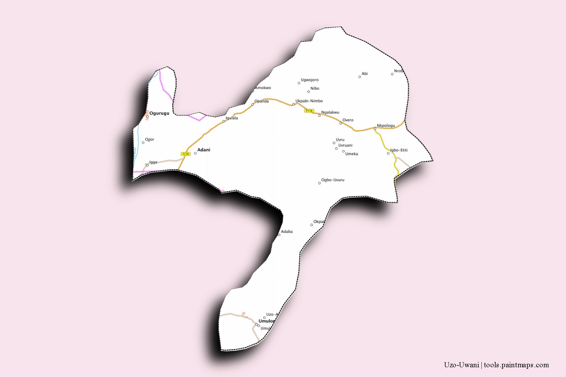 Mapa de barrios y pueblos de Uzo-Uwani con efecto de sombra 3D