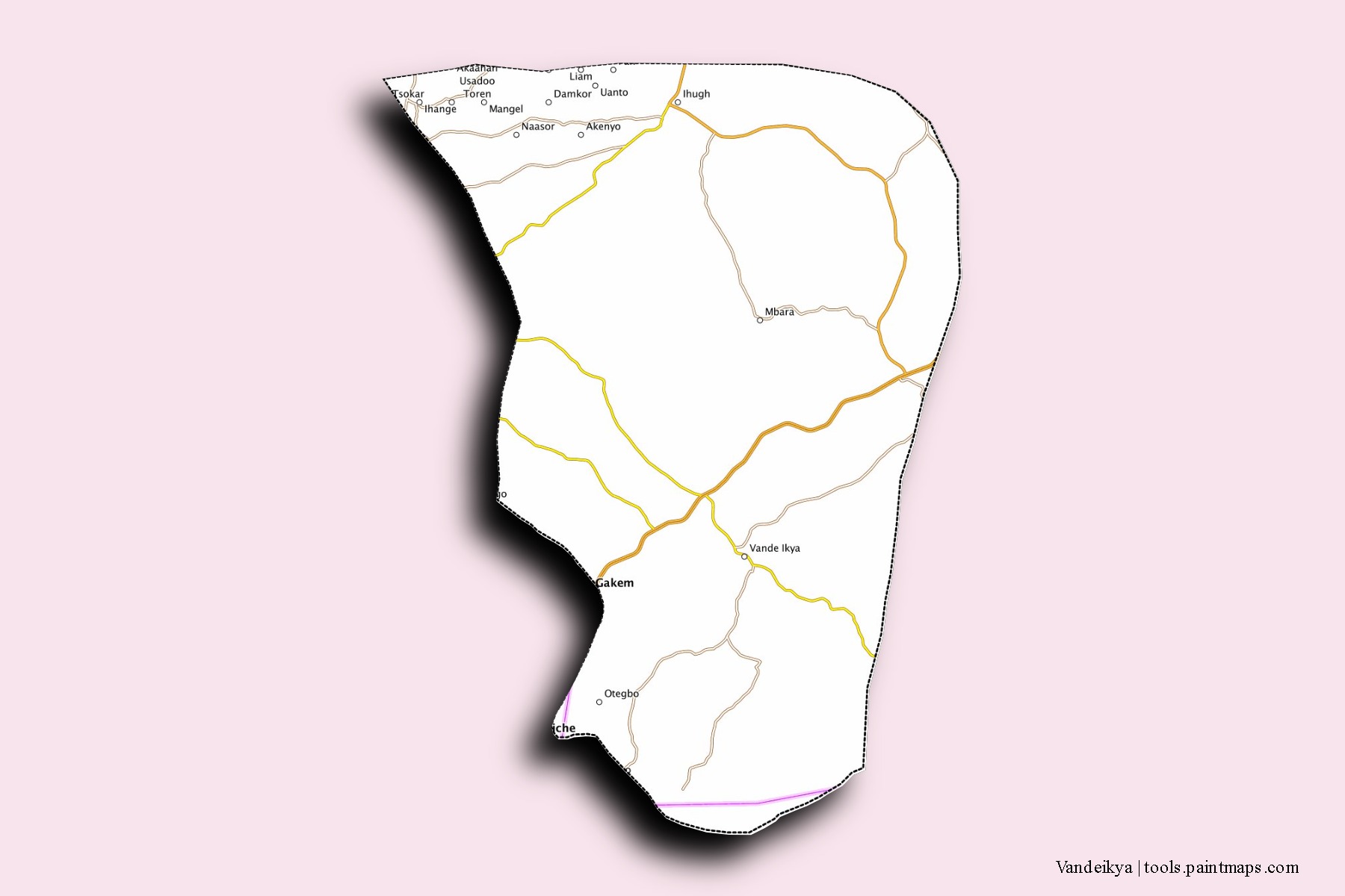 Mapa de barrios y pueblos de Vandeikya con efecto de sombra 3D