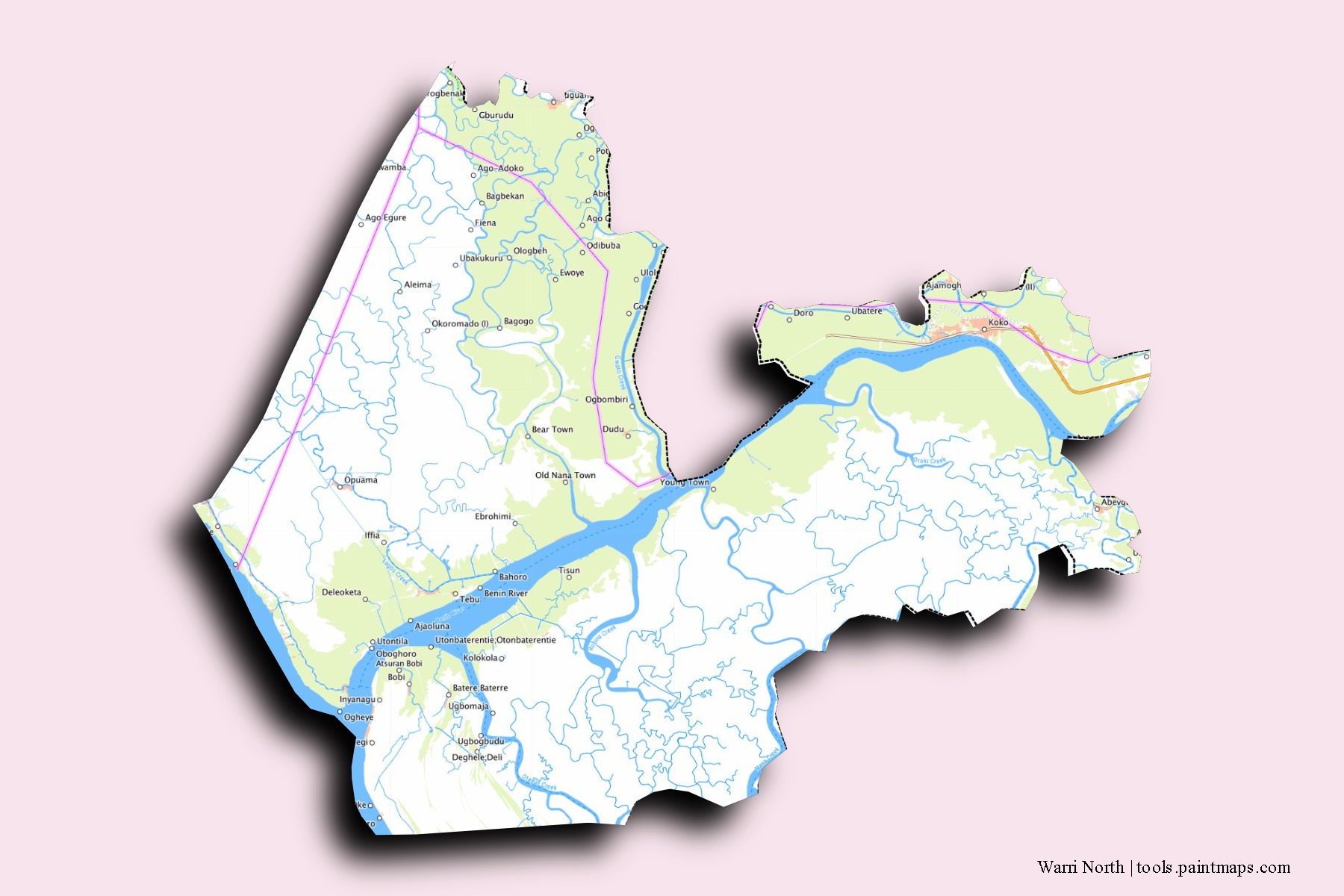 3D gölge efektli Warri North mahalleleri ve köyleri haritası