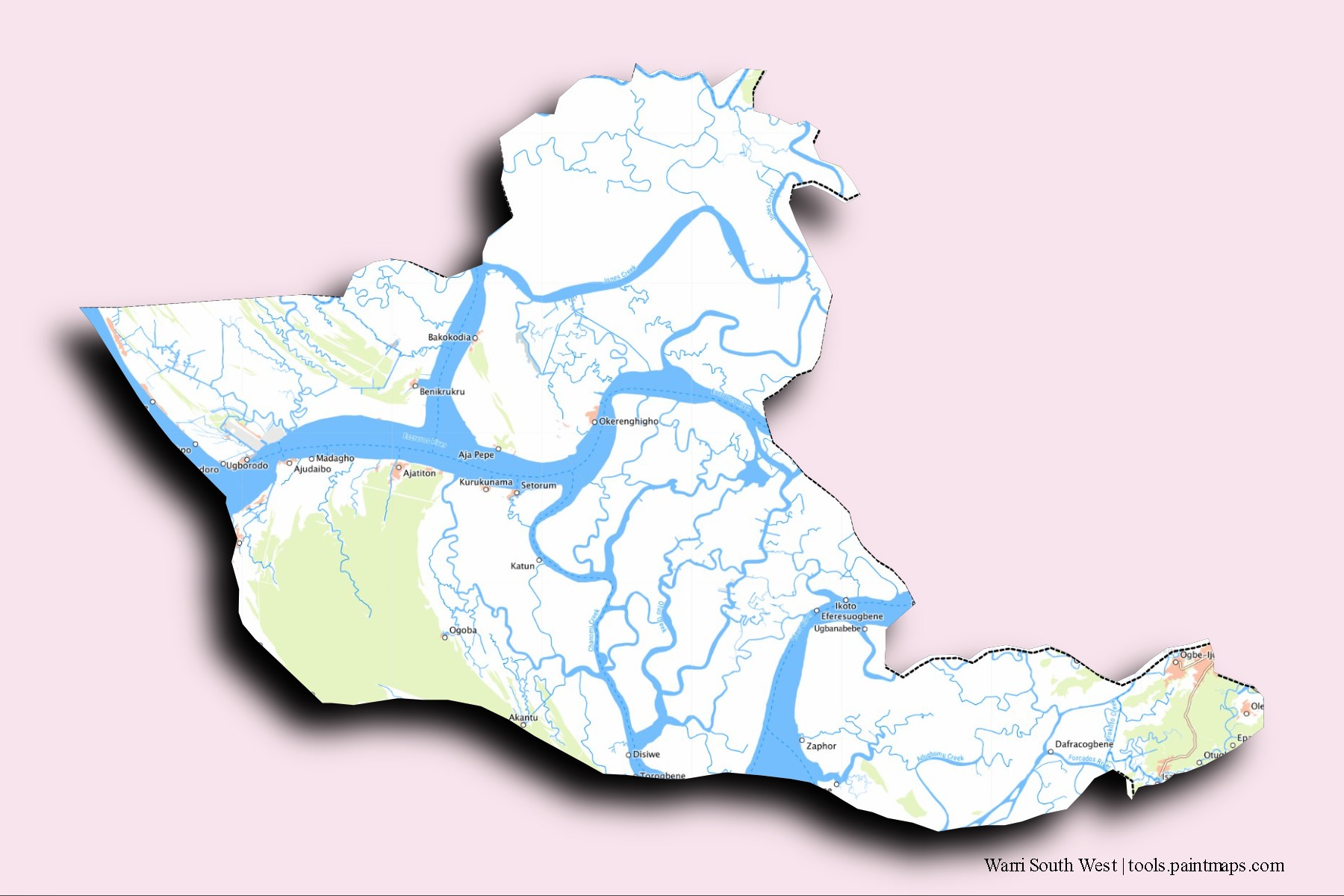 Warri South West neighborhoods and villages map with 3D shadow effect