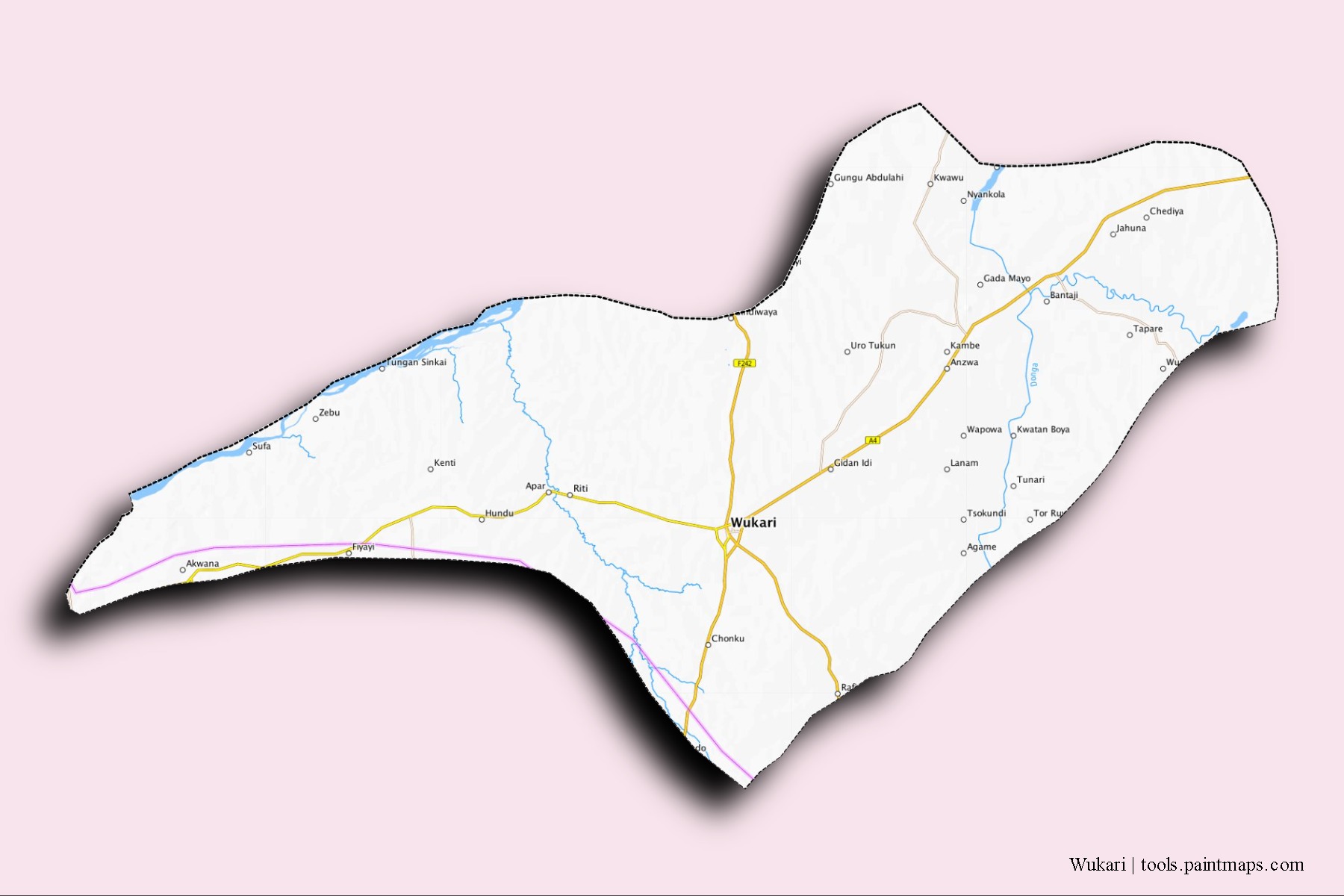 Mapa de barrios y pueblos de Wukari con efecto de sombra 3D