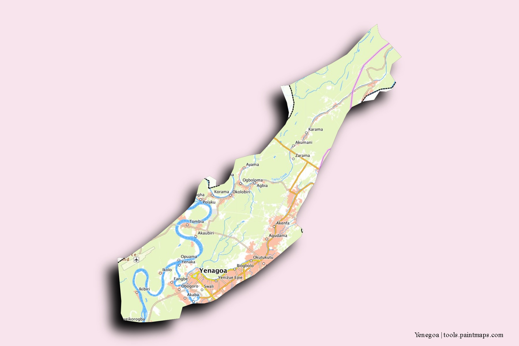 Mapa de barrios y pueblos de Yenegoa con efecto de sombra 3D