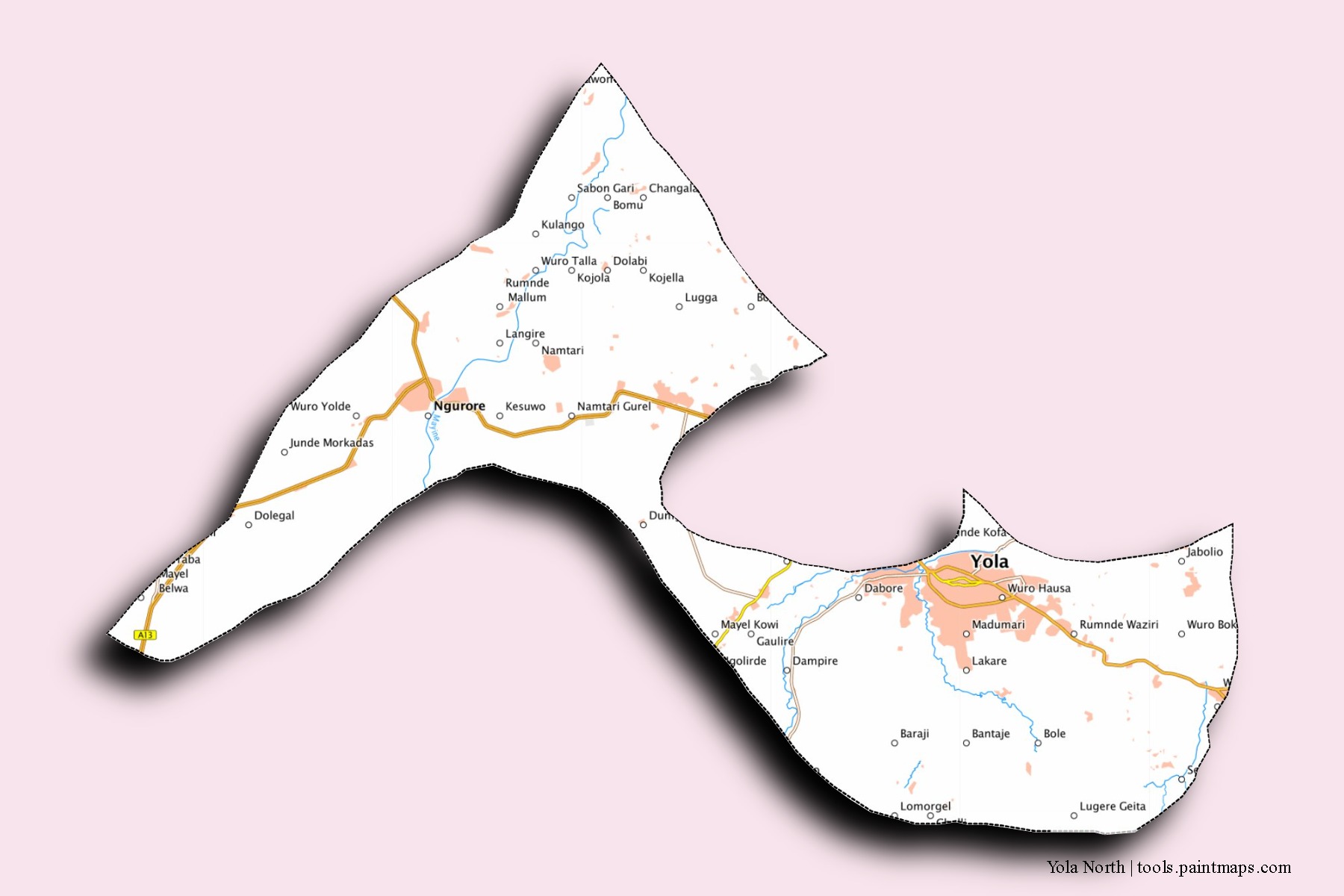 Mapa de barrios y pueblos de Yola North con efecto de sombra 3D