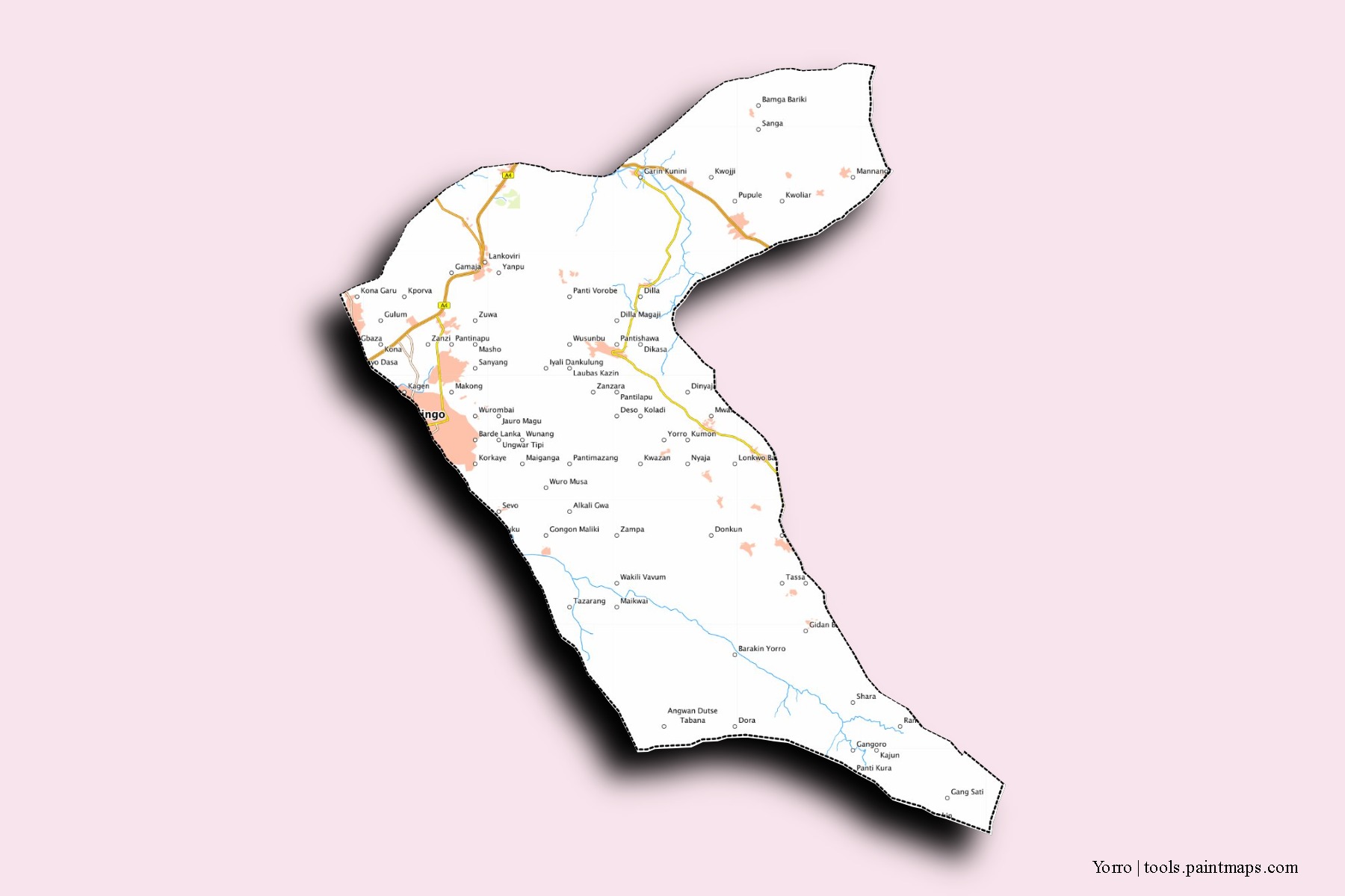 Mapa de barrios y pueblos de Yorro con efecto de sombra 3D