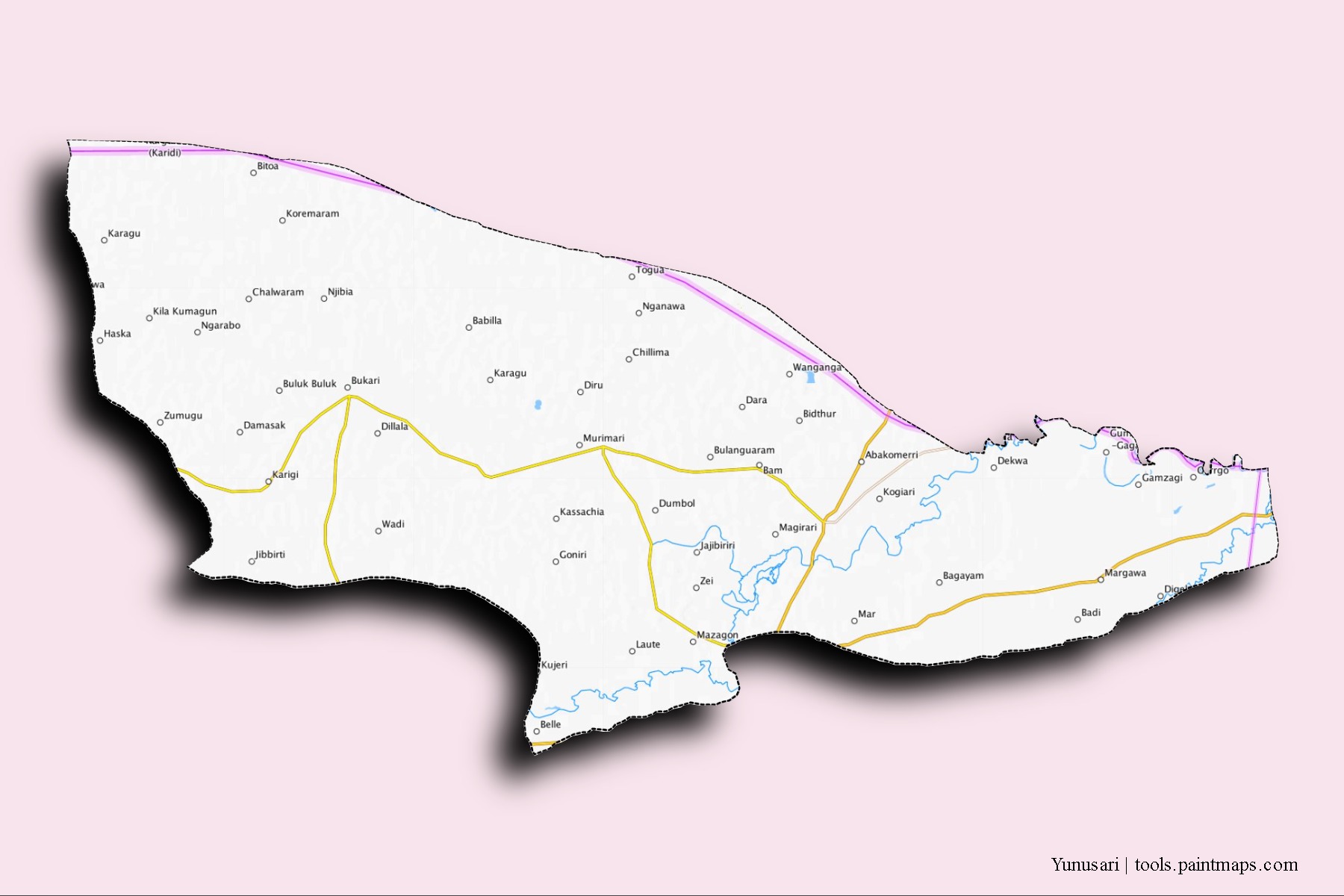 Yunusari neighborhoods and villages map with 3D shadow effect