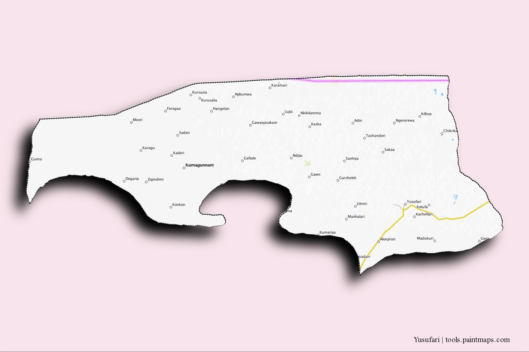 Yusufari neighborhoods and villages map with 3D shadow effect