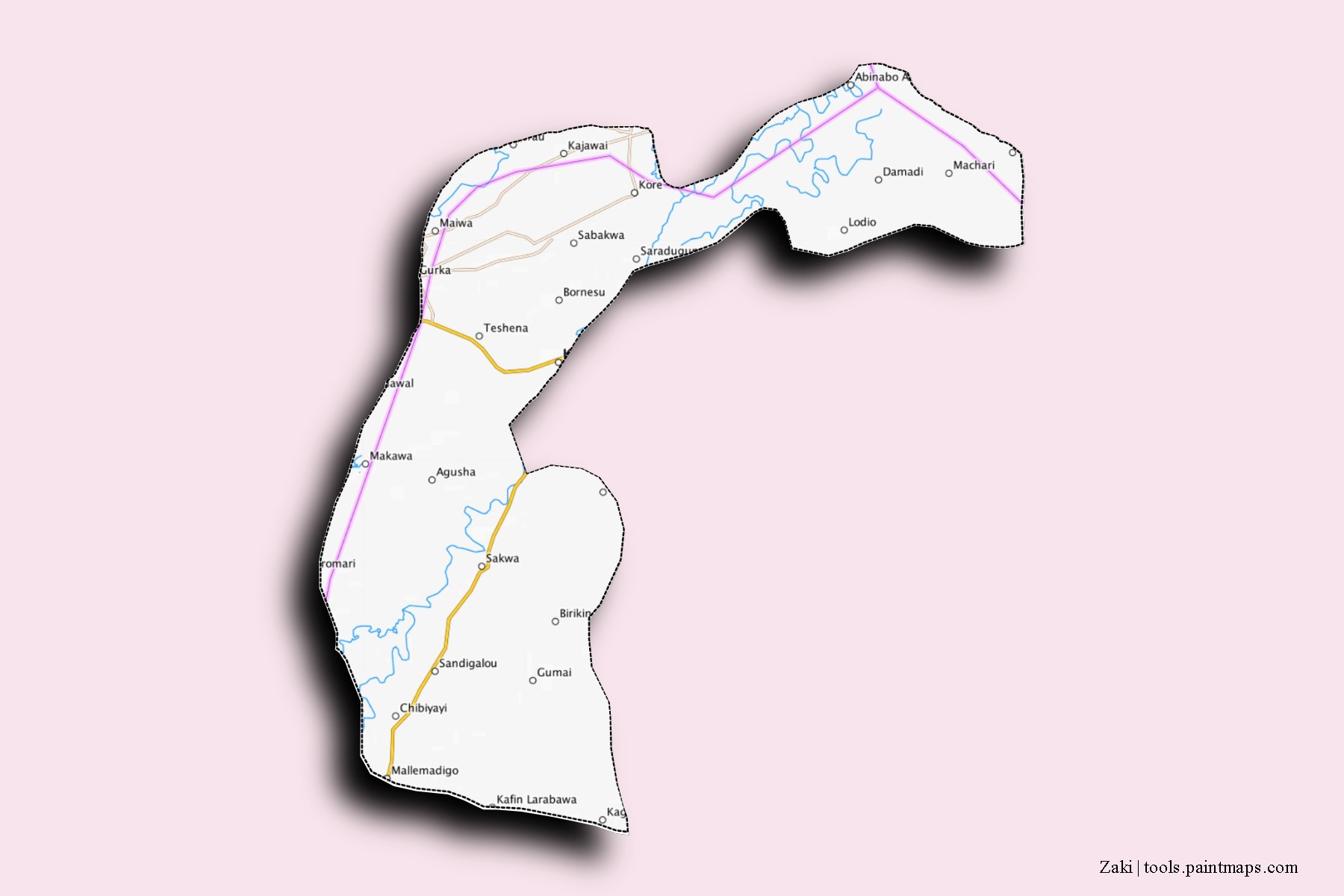 Mapa de barrios y pueblos de Zaki con efecto de sombra 3D