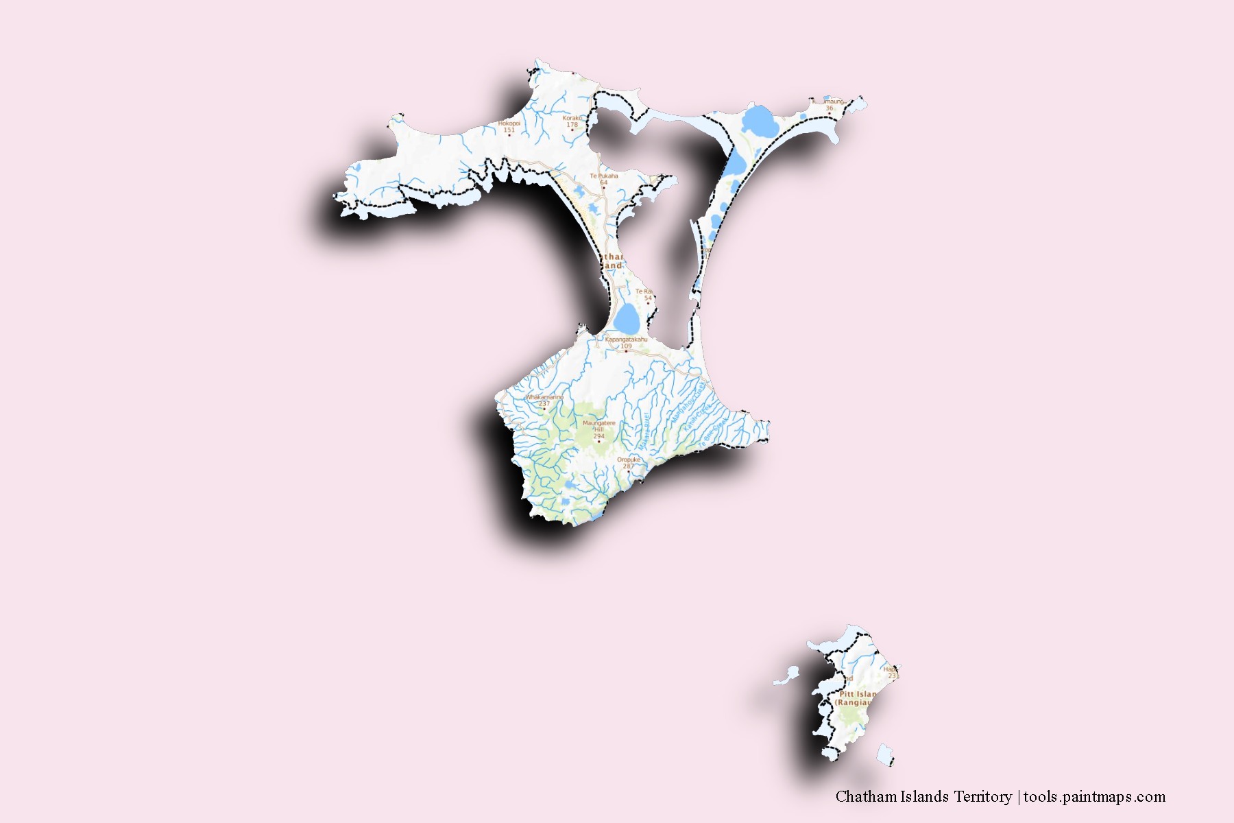 Mapa de barrios y pueblos de Chatham Islands Territory con efecto de sombra 3D