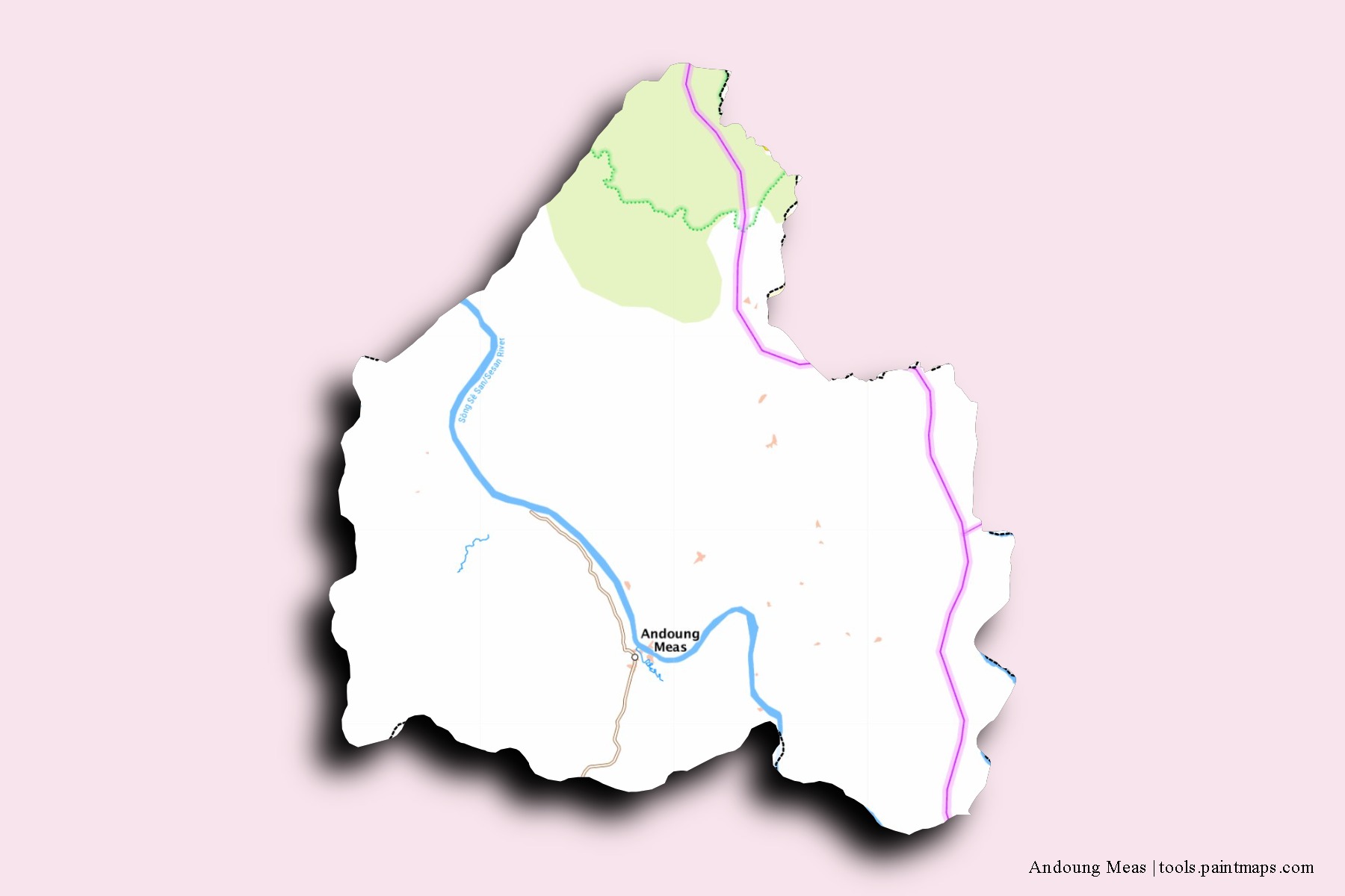 Mapa de barrios y pueblos de Andoung Meas con efecto de sombra 3D