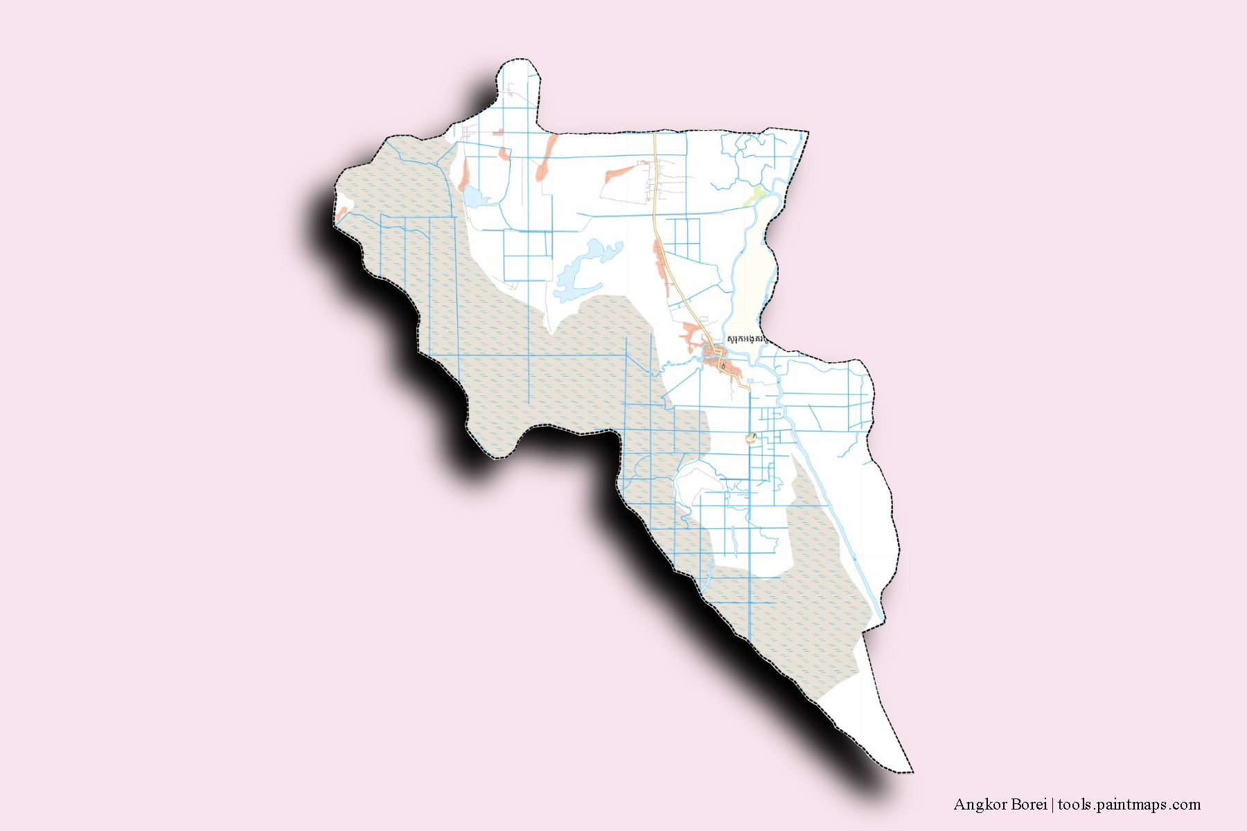 Mapa de barrios y pueblos de Angkor Borei con efecto de sombra 3D