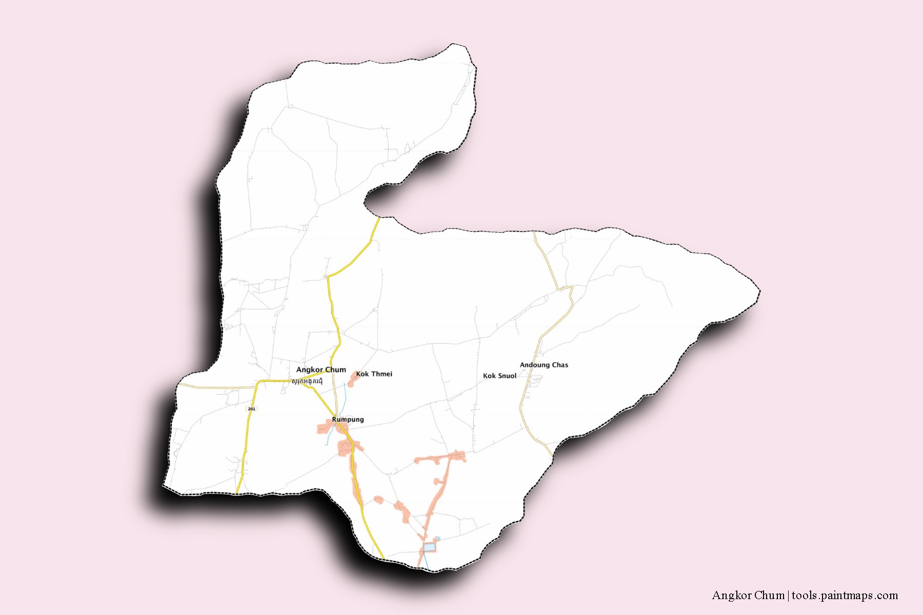 Angkor Chum neighborhoods and villages map with 3D shadow effect