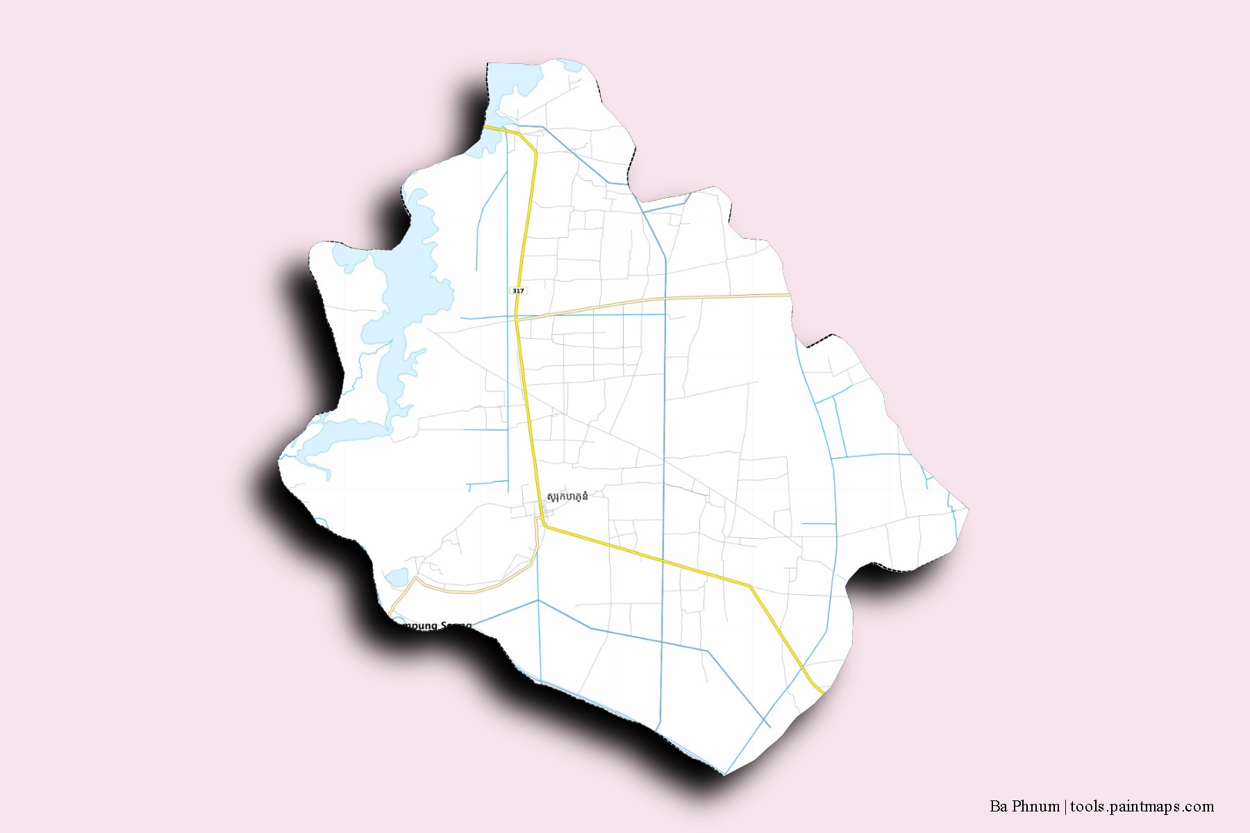 Ba Phnum neighborhoods and villages map with 3D shadow effect