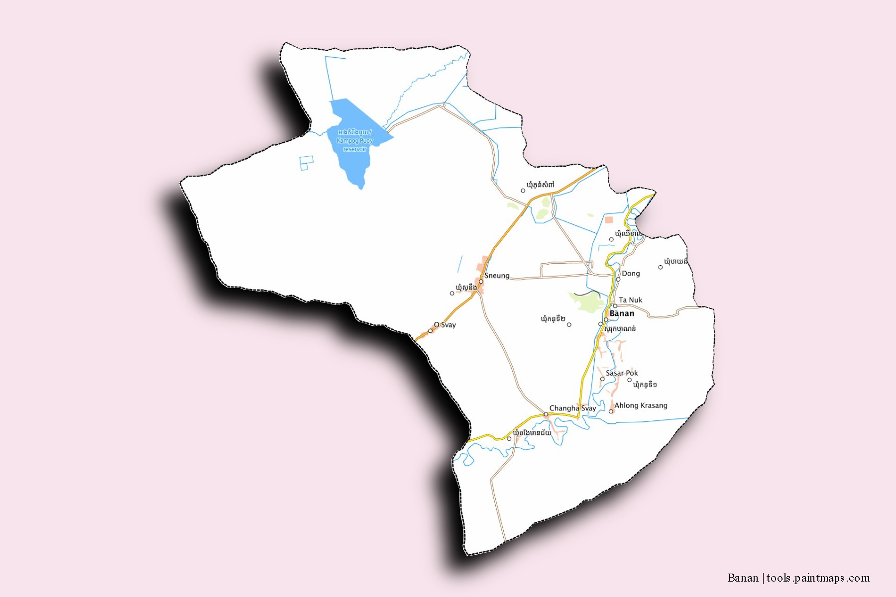 Mapa de barrios y pueblos de Banan con efecto de sombra 3D