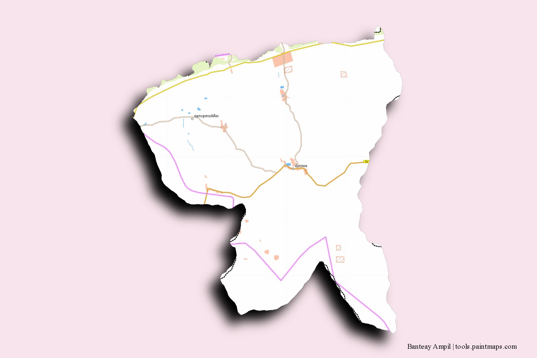 3D gölge efektli Banteay Ampil mahalleleri ve köyleri haritası