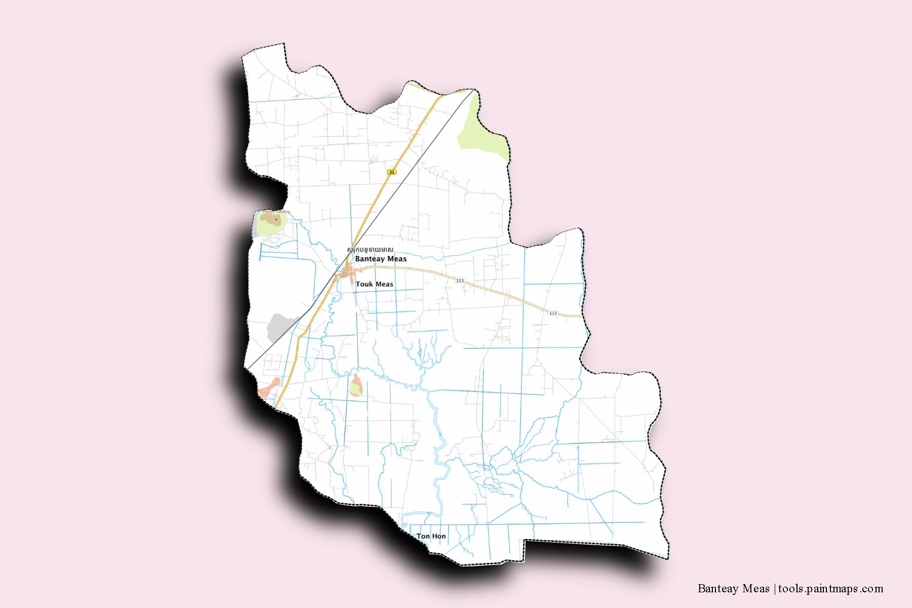 Banteay Meas neighborhoods and villages map with 3D shadow effect