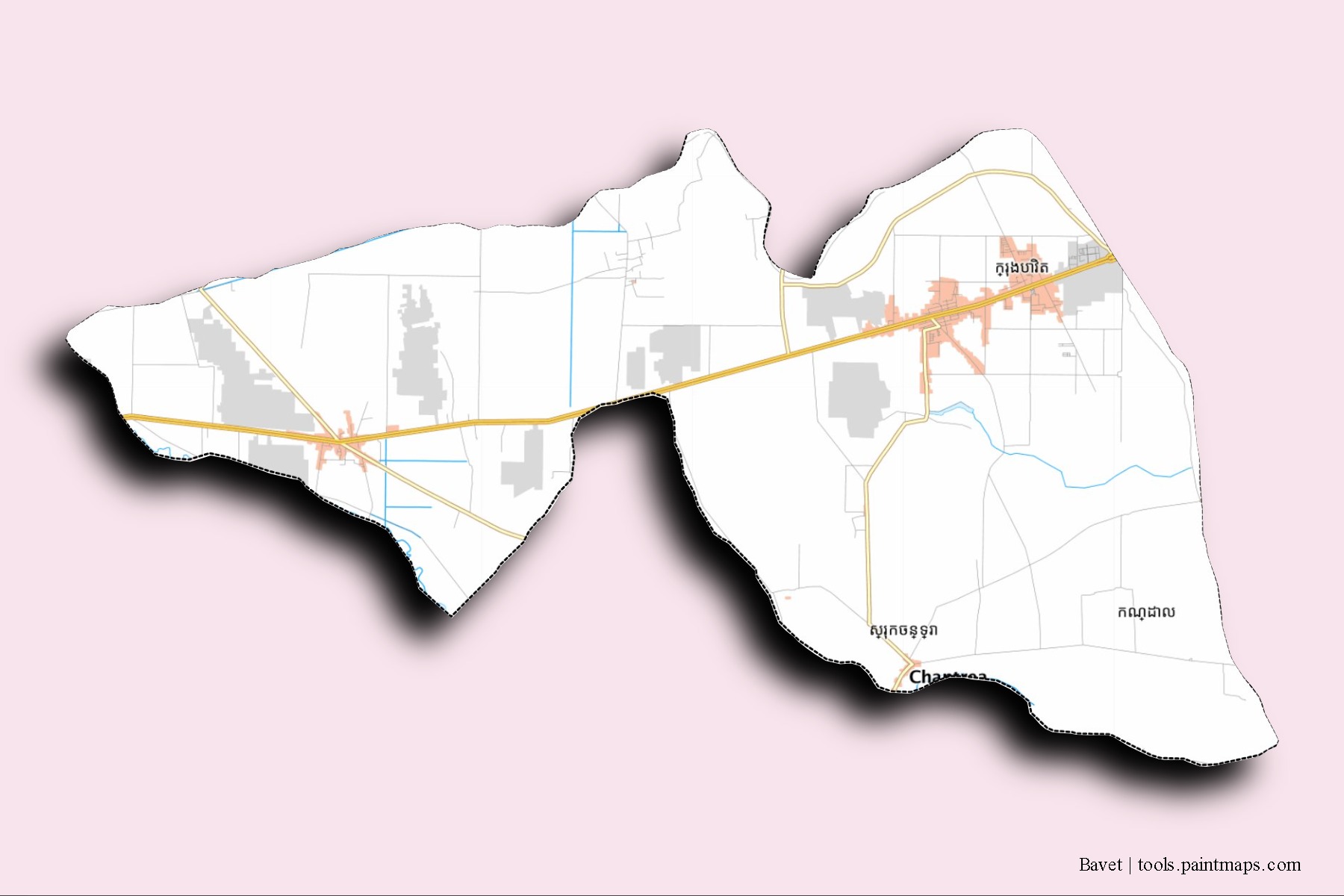 Mapa de barrios y pueblos de Bavet con efecto de sombra 3D