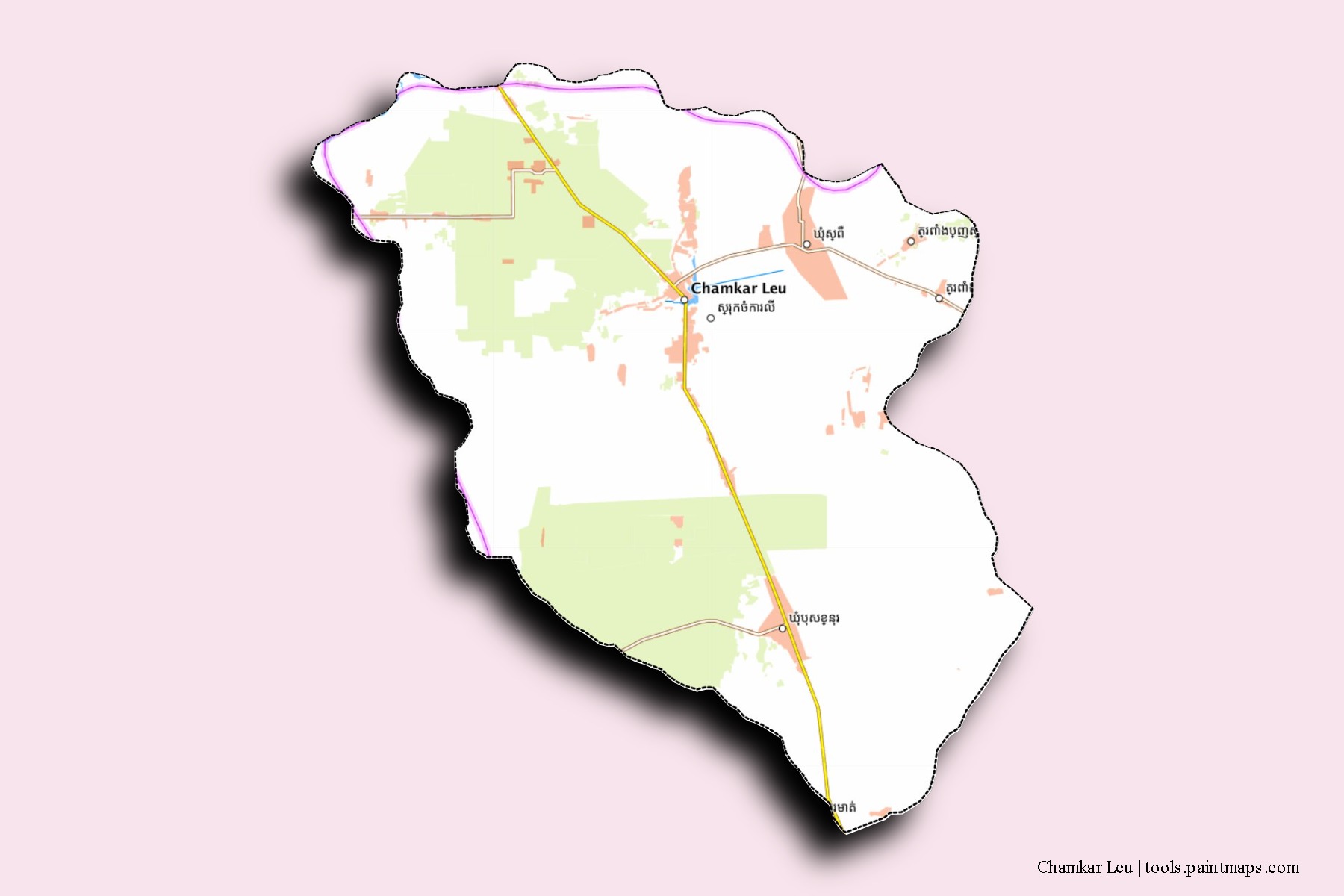 Mapa de barrios y pueblos de Chamkar Leu con efecto de sombra 3D