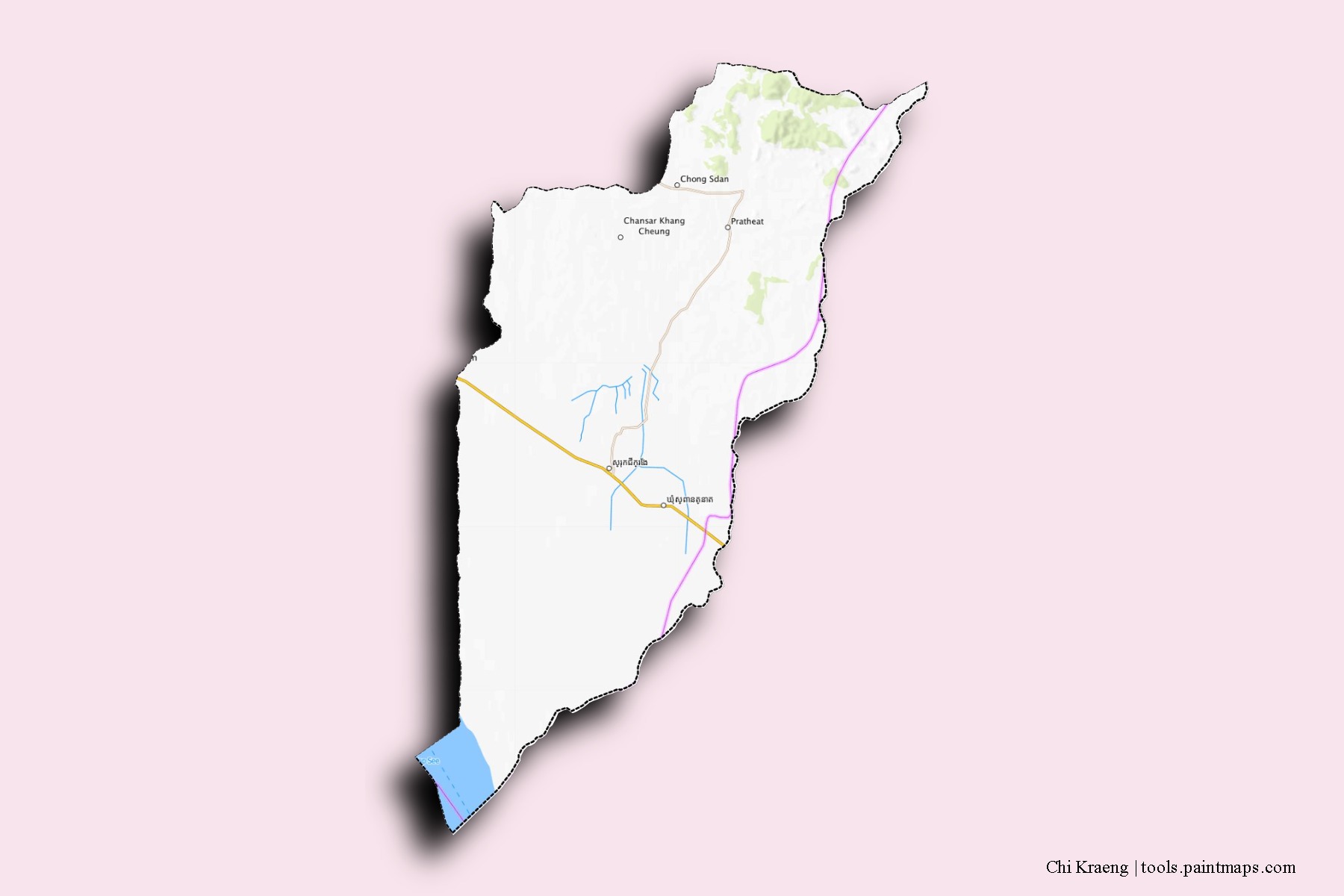 Mapa de barrios y pueblos de Chi Kraeng con efecto de sombra 3D