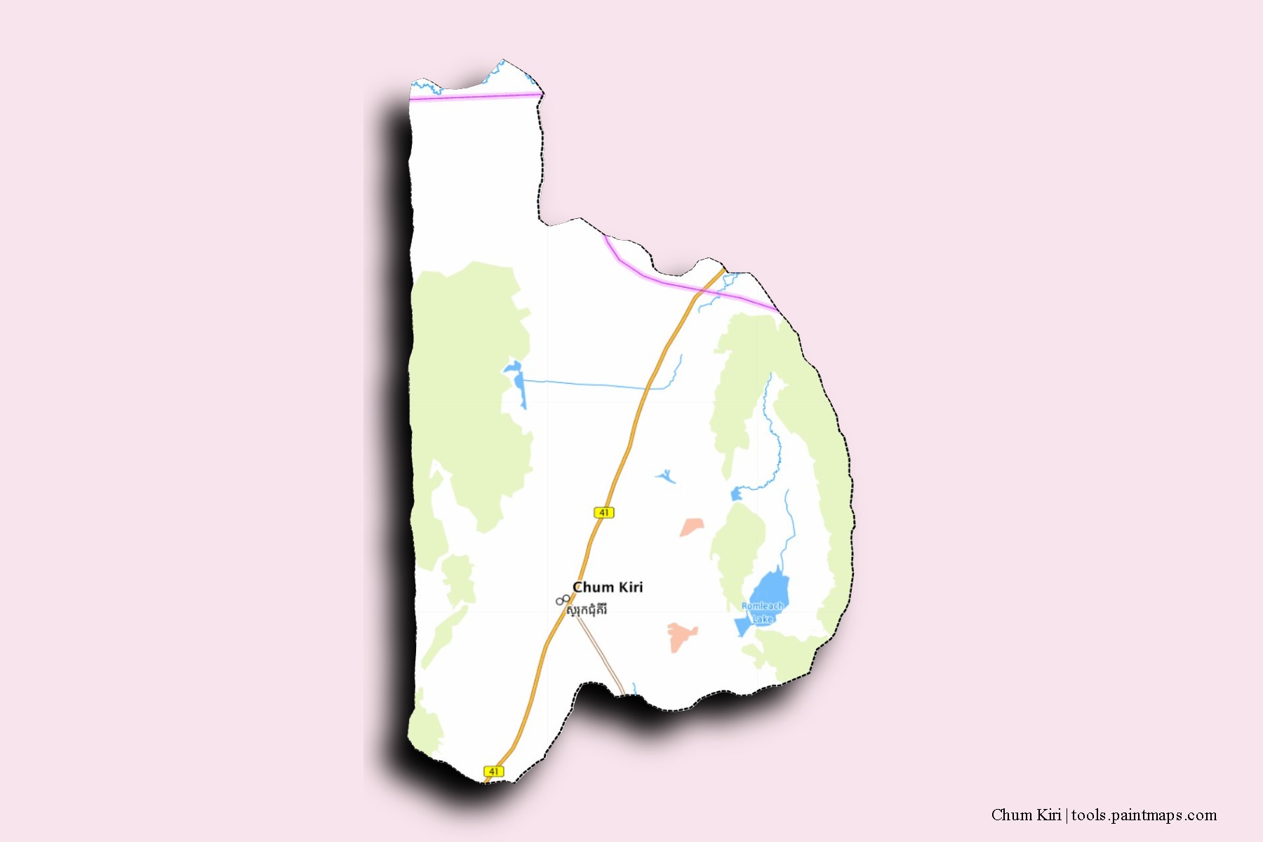 Mapa de barrios y pueblos de Chum Kiri con efecto de sombra 3D