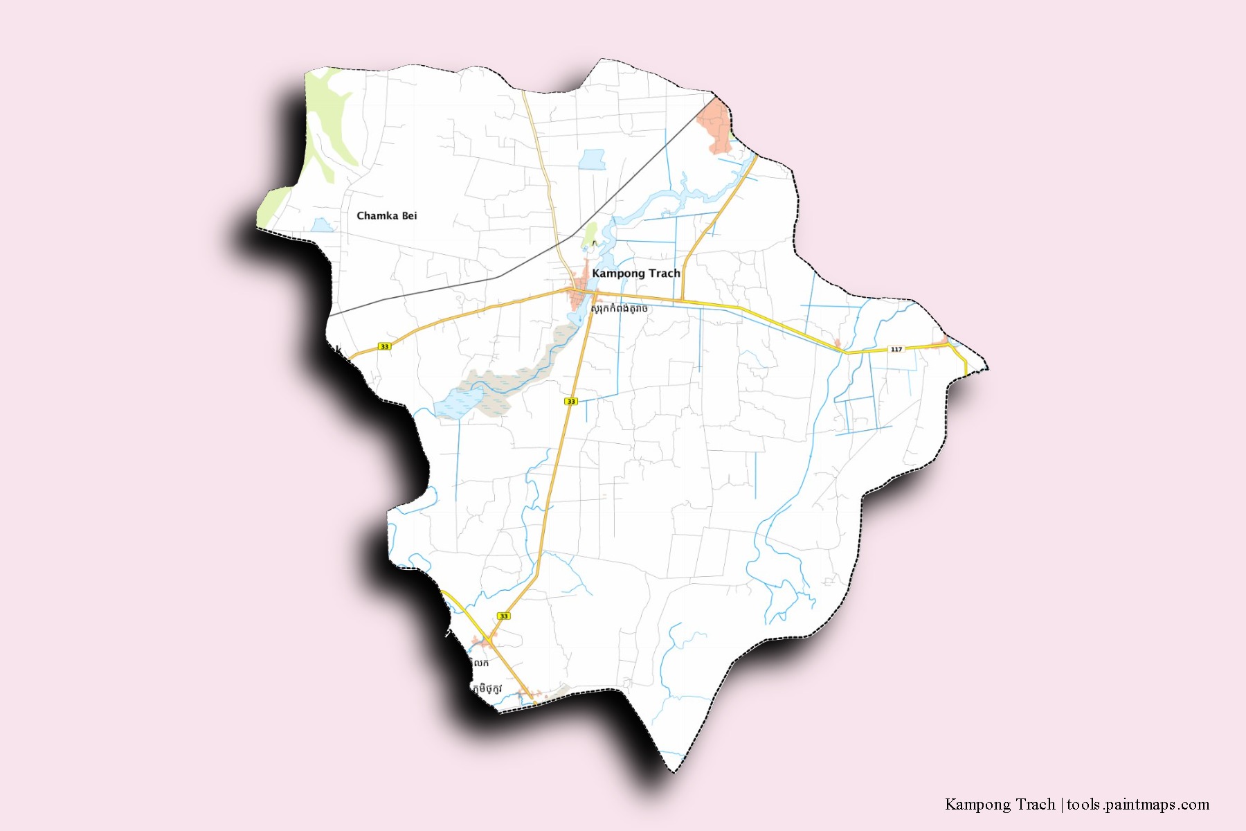 Kampong Trach neighborhoods and villages map with 3D shadow effect