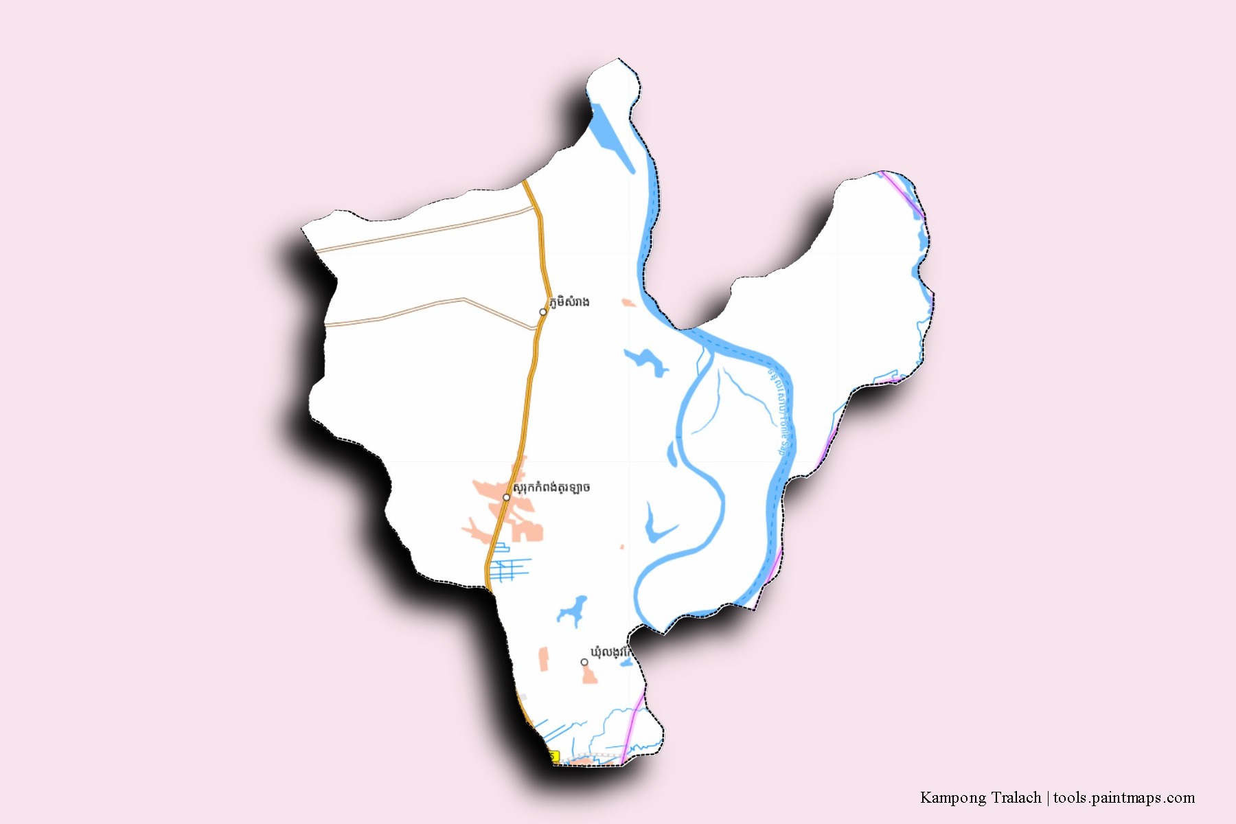 Kampong Tralach neighborhoods and villages map with 3D shadow effect