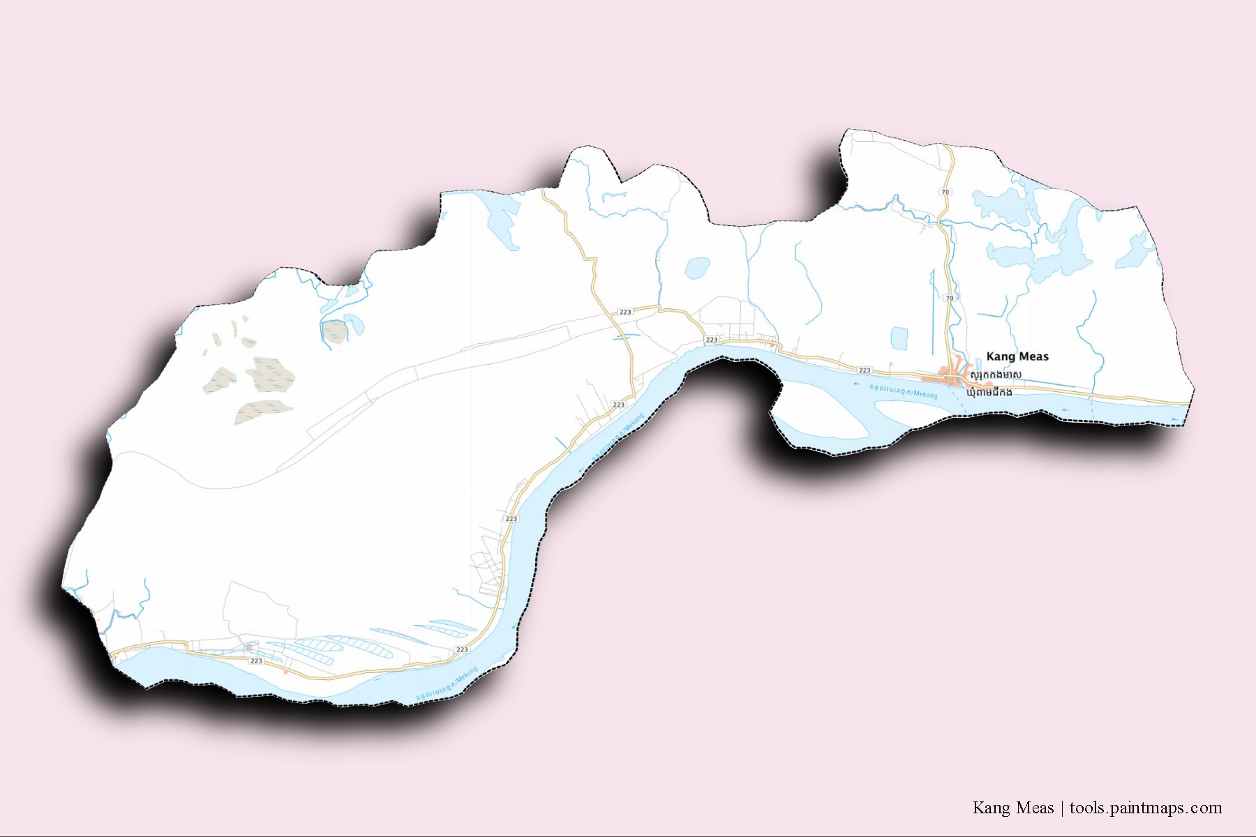 Mapa de barrios y pueblos de Kang Meas con efecto de sombra 3D