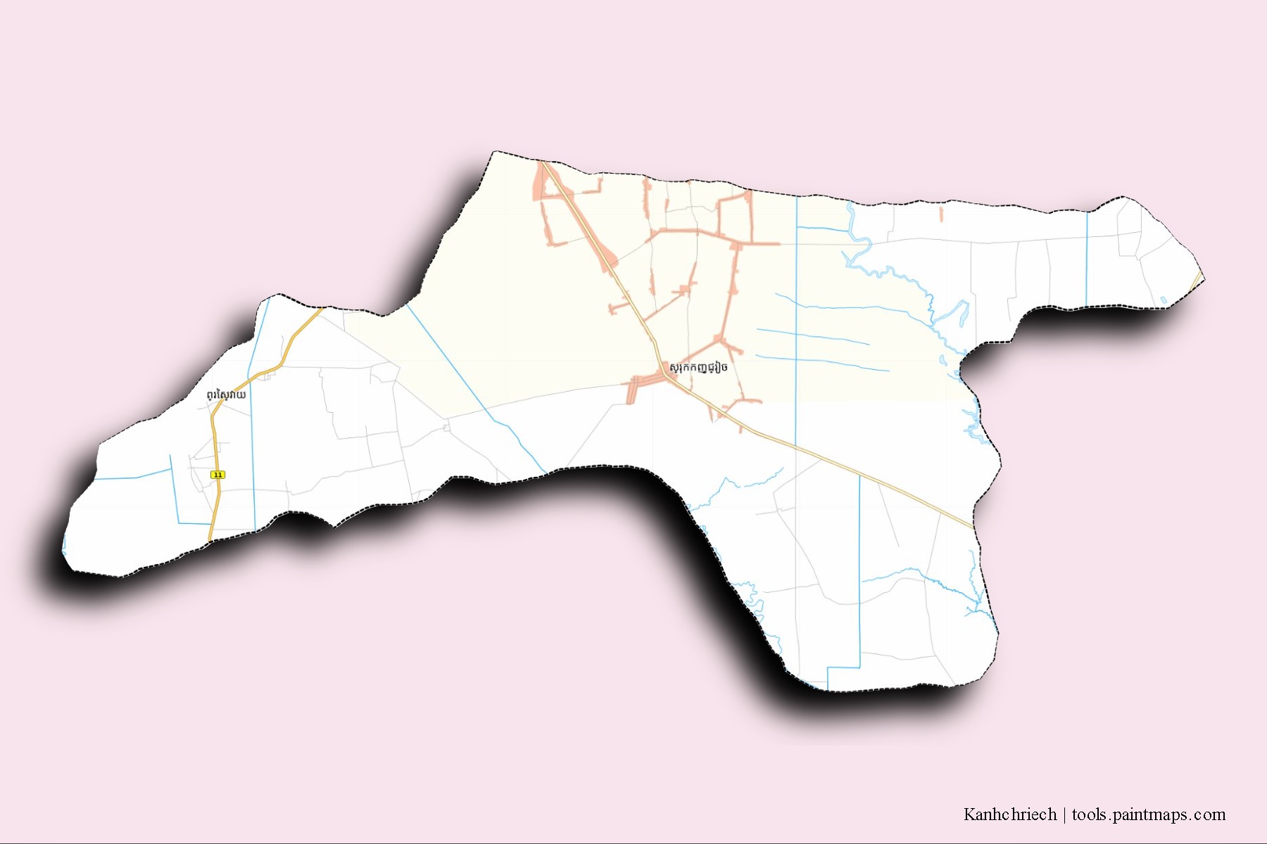 Kanhchriech neighborhoods and villages map with 3D shadow effect