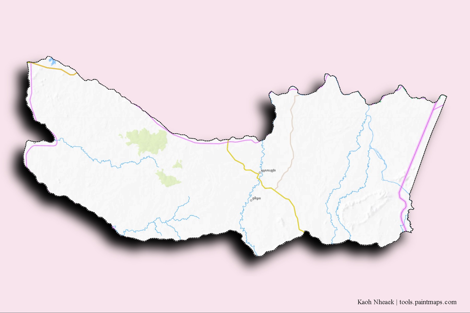 Mapa de barrios y pueblos de Kaoh Nheaek con efecto de sombra 3D