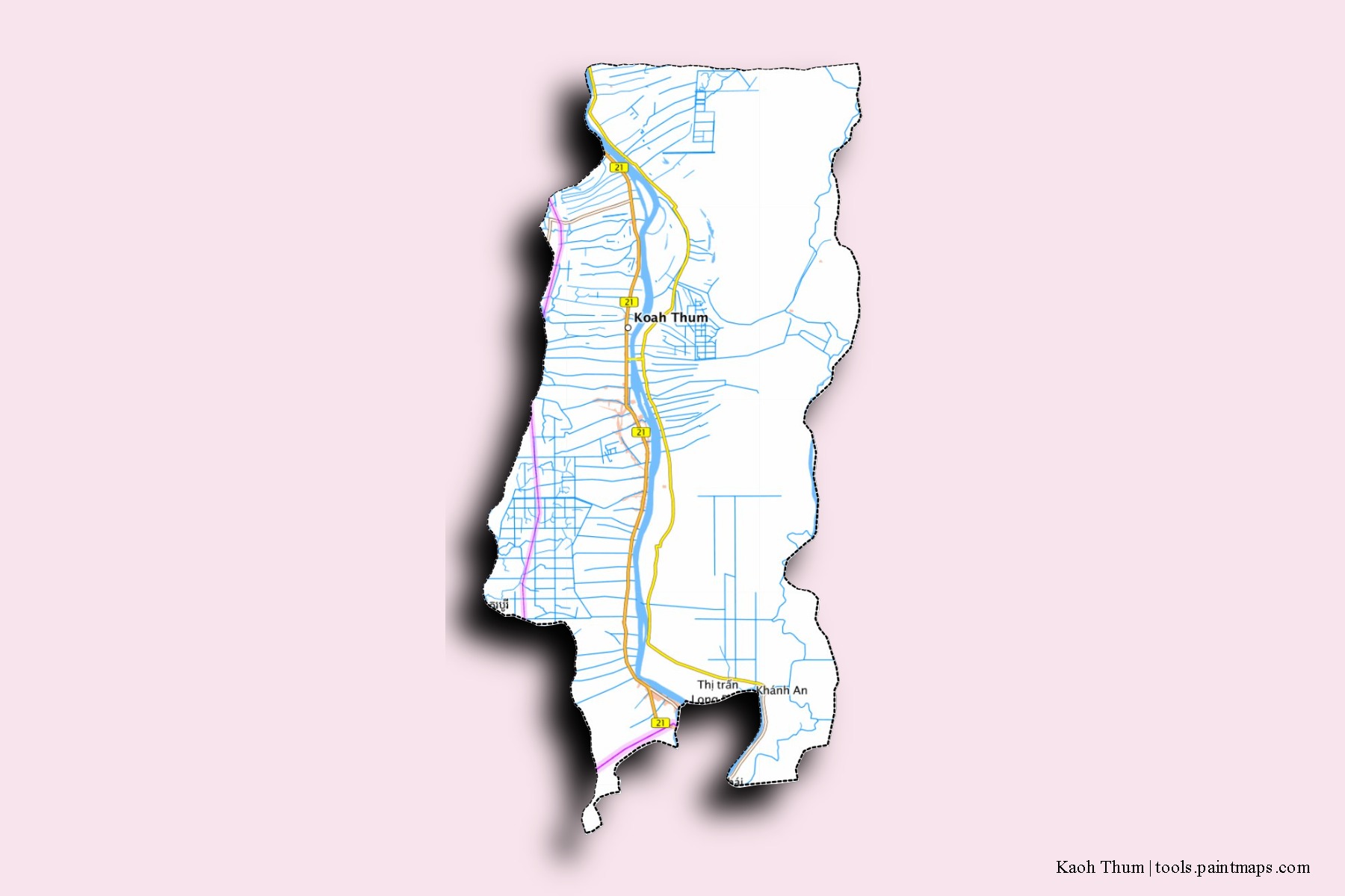 Kaoh Thum neighborhoods and villages map with 3D shadow effect