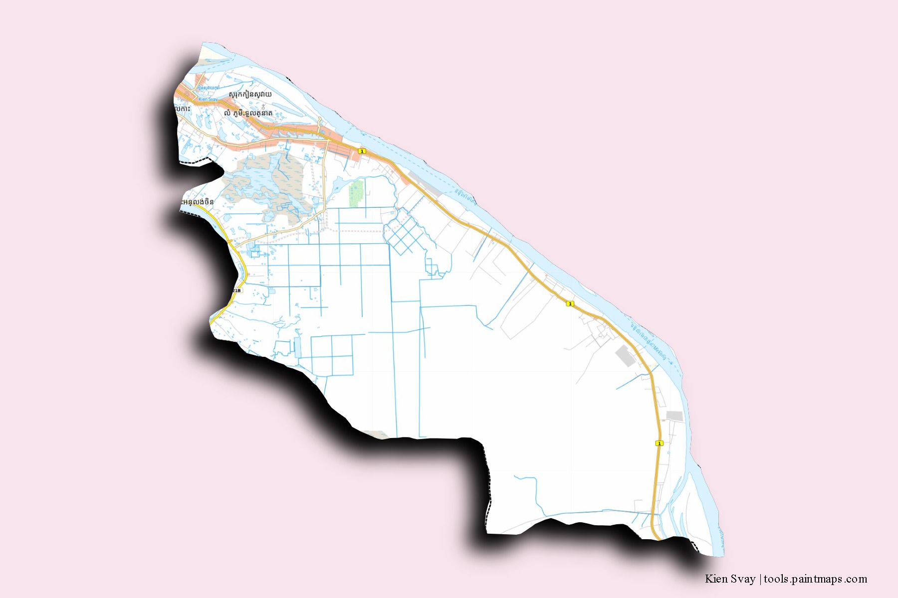 Mapa de barrios y pueblos de Kien Svay con efecto de sombra 3D