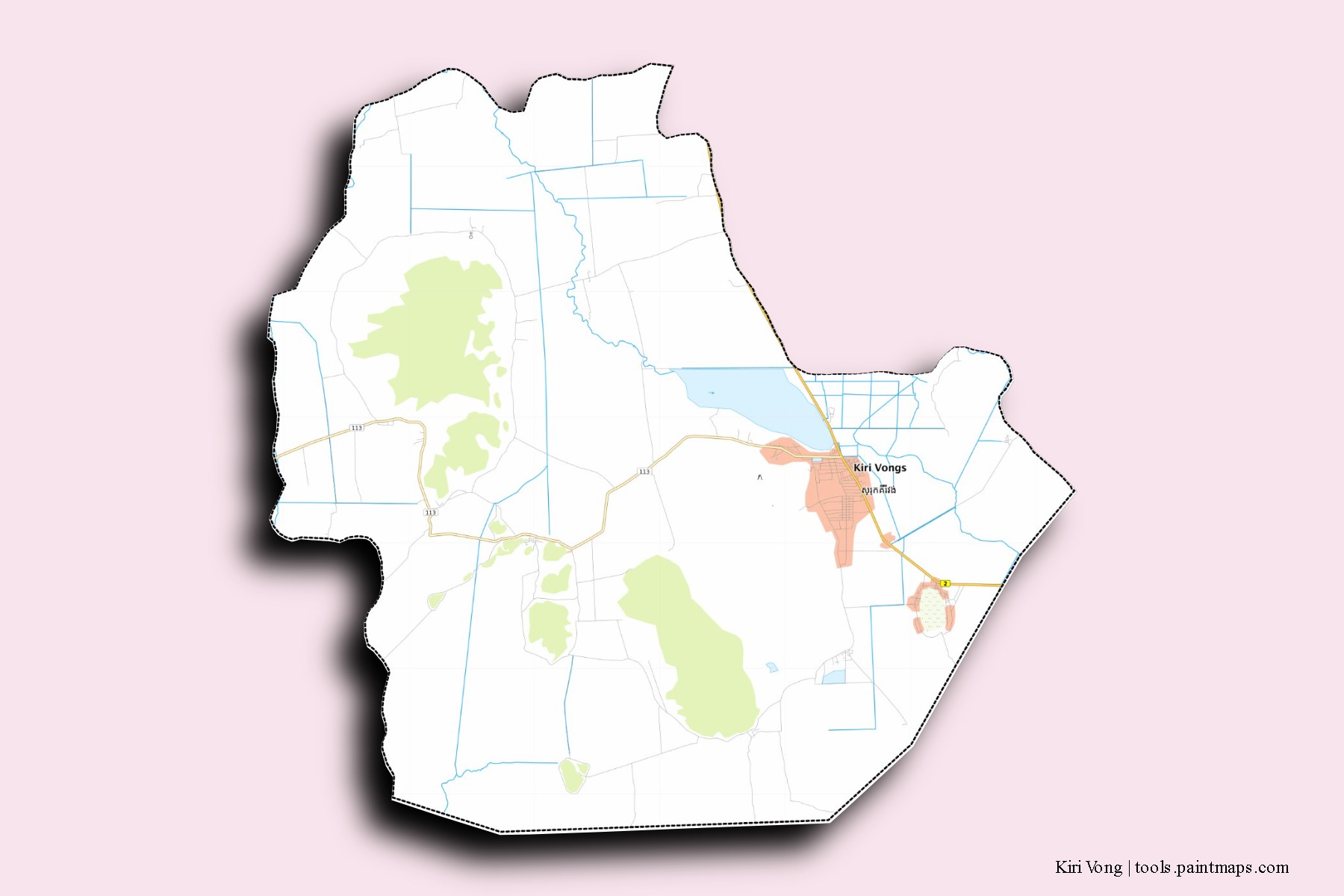 Mapa de barrios y pueblos de Kiri Vong con efecto de sombra 3D