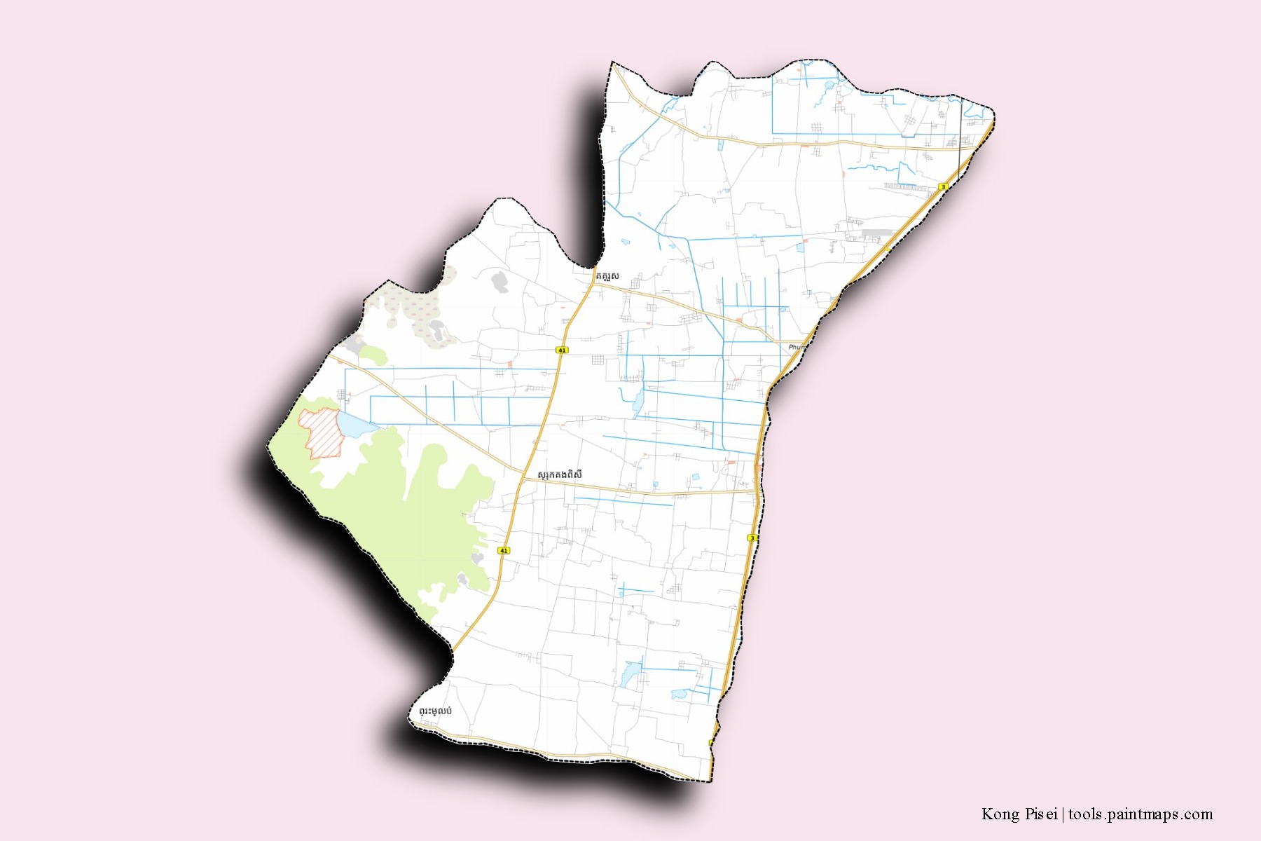 Mapa de barrios y pueblos de Kong Pisei con efecto de sombra 3D