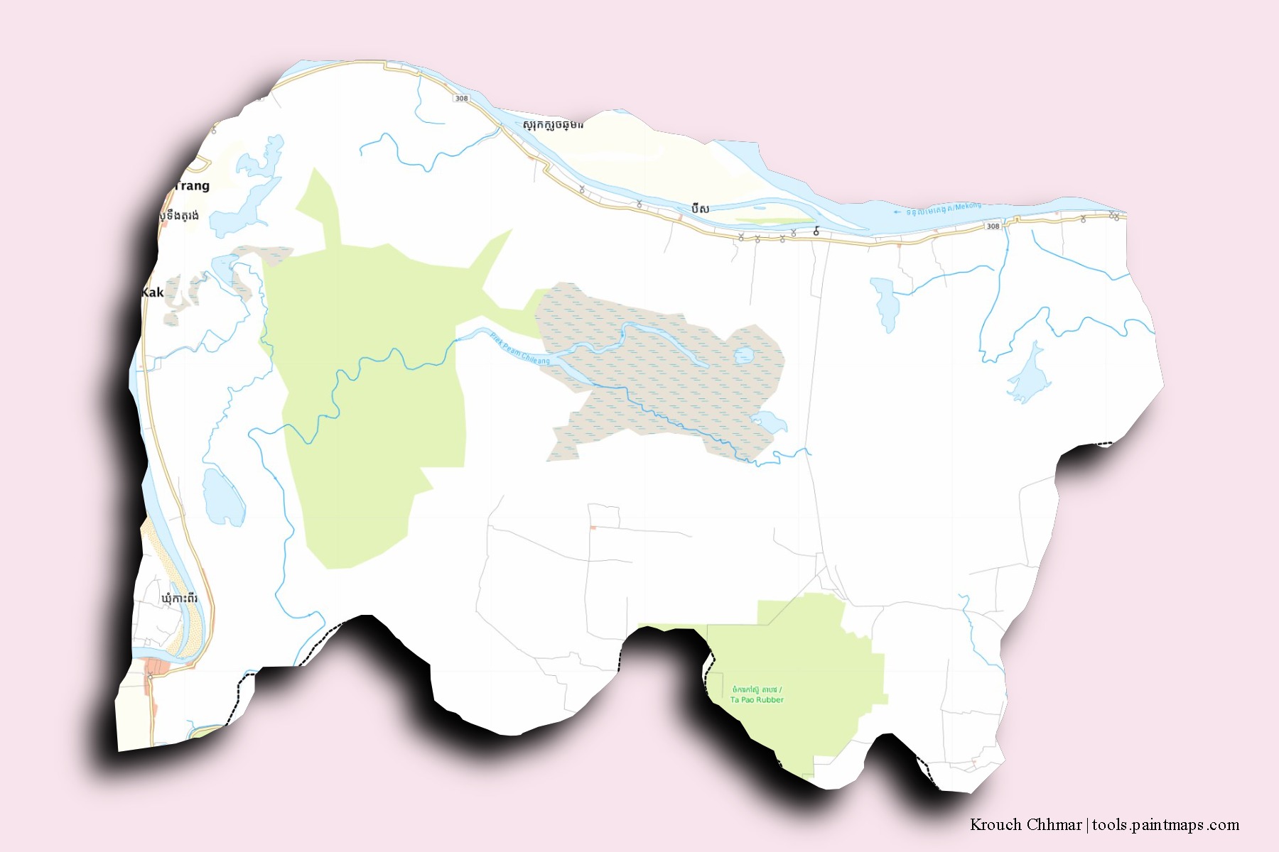 Krouch Chhmar neighborhoods and villages map with 3D shadow effect