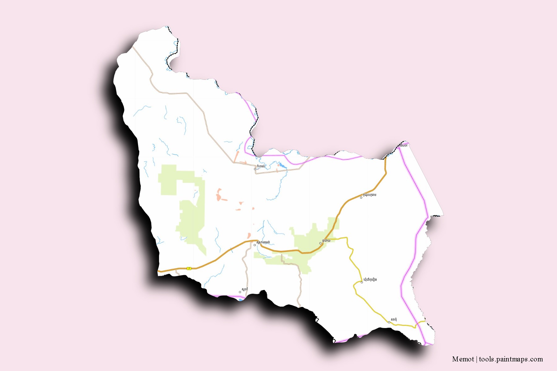 Mapa de barrios y pueblos de Memot con efecto de sombra 3D