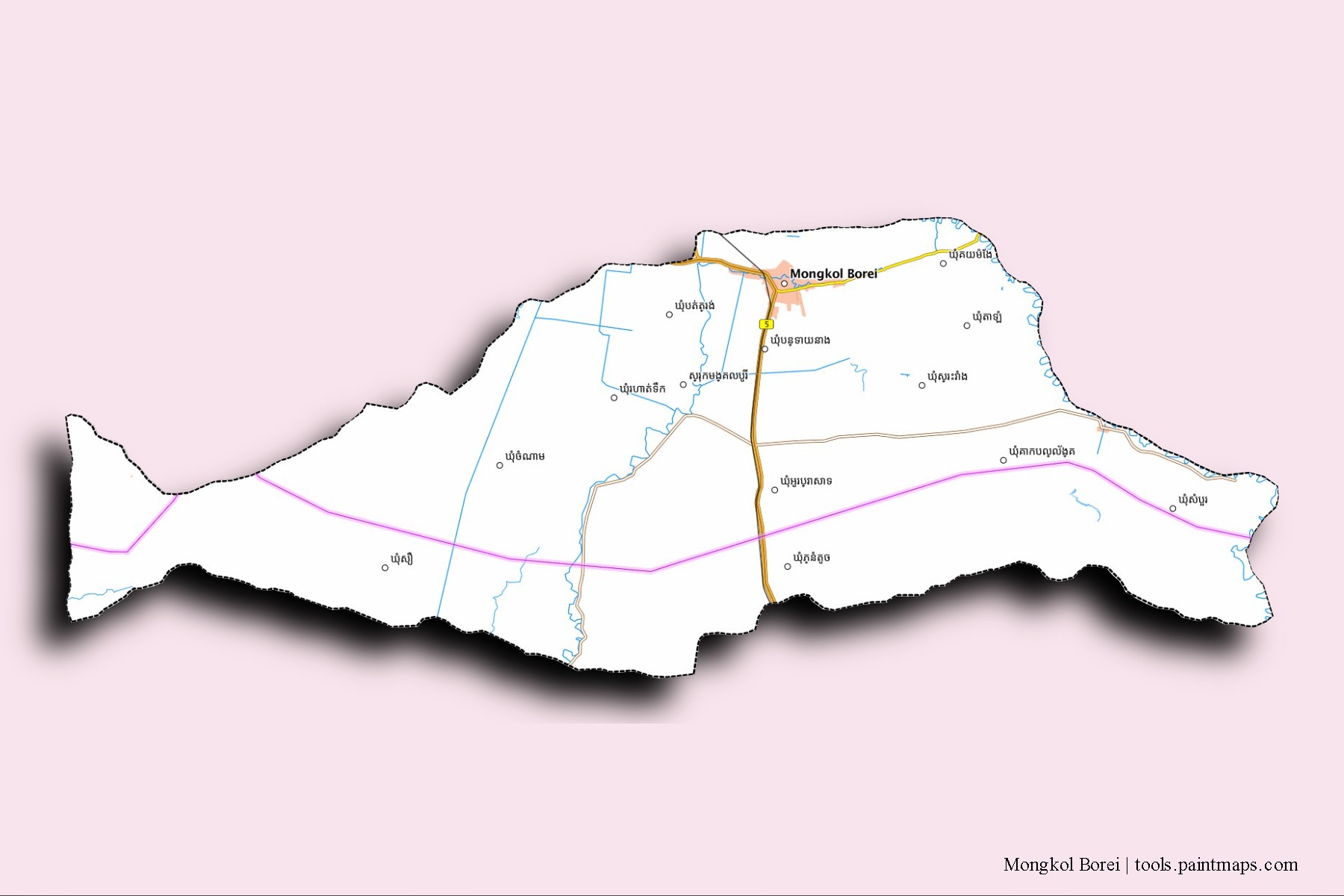 Mapa de barrios y pueblos de Mongkol Borei con efecto de sombra 3D